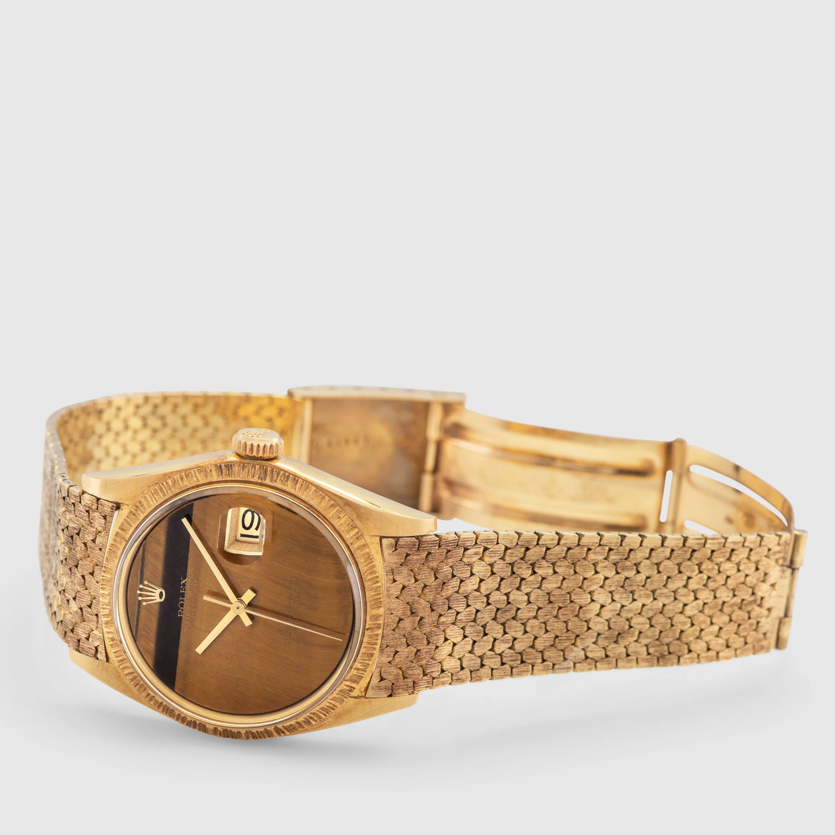 1972 Rolex Datejust 18K Yellow Gold Tiger Eye Dial Bark Finish with Special Bracelet Ref. 1607