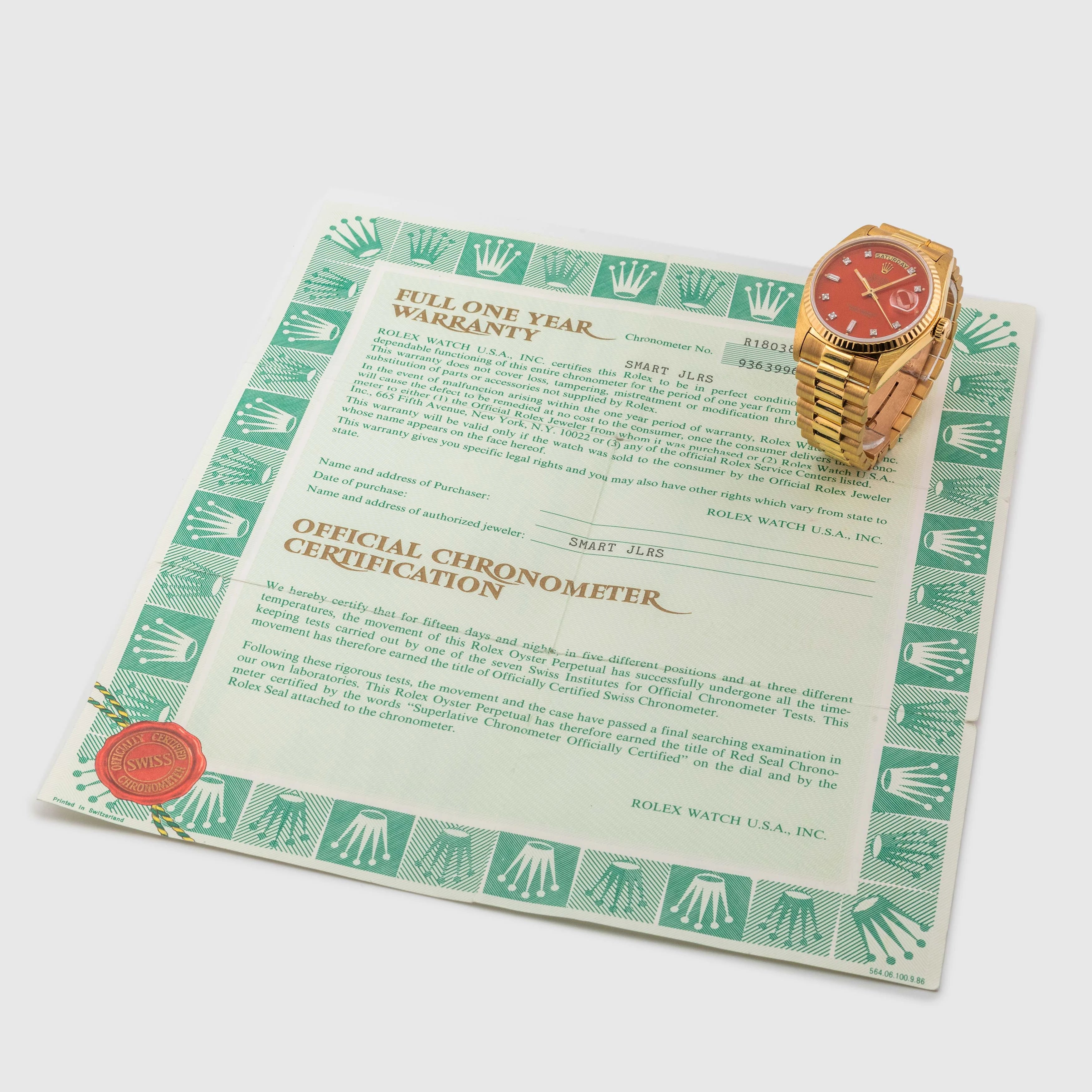 1987 Rolex Day Date Red Stella Diamond Dial Ref. 18038 (with Papers)