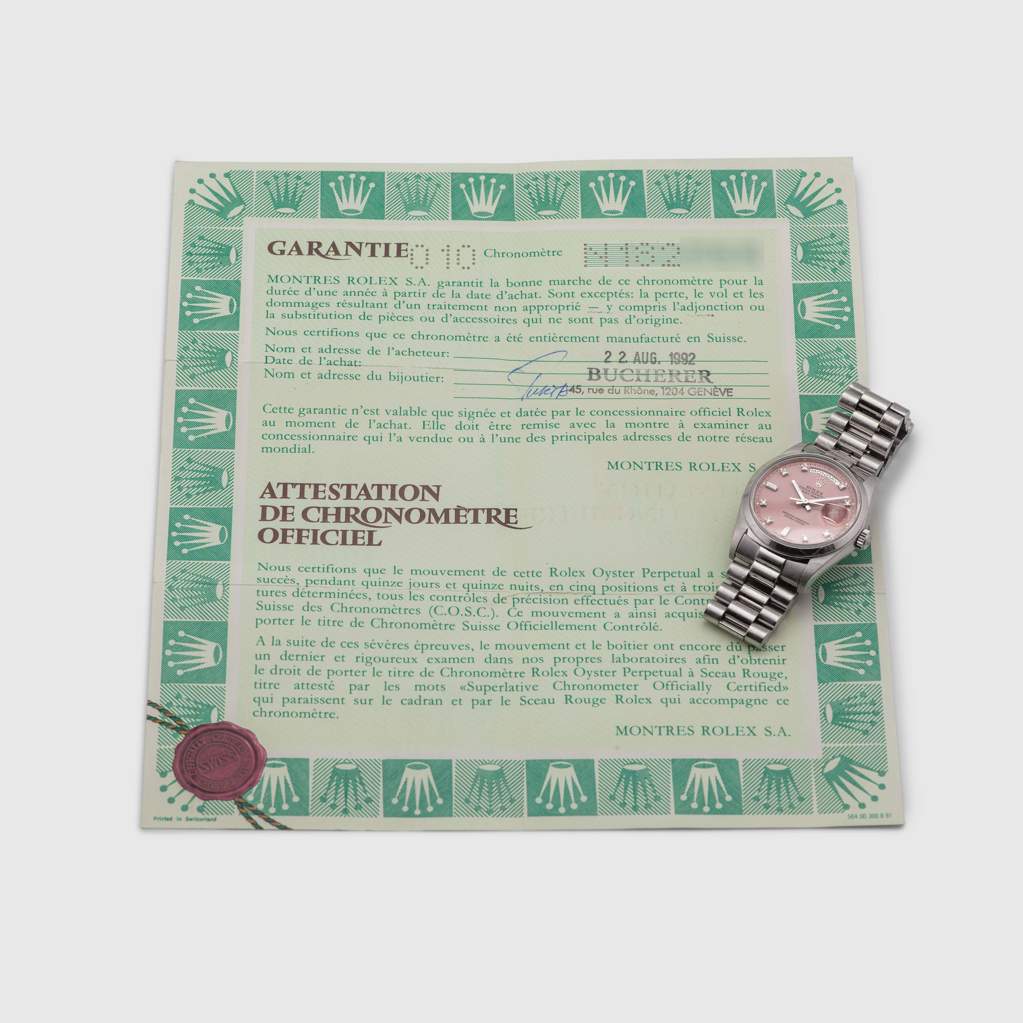 1991 Rolex Day Date Platinum Lilac Stella Diamond Dial Ref. 18206 (with Papers)