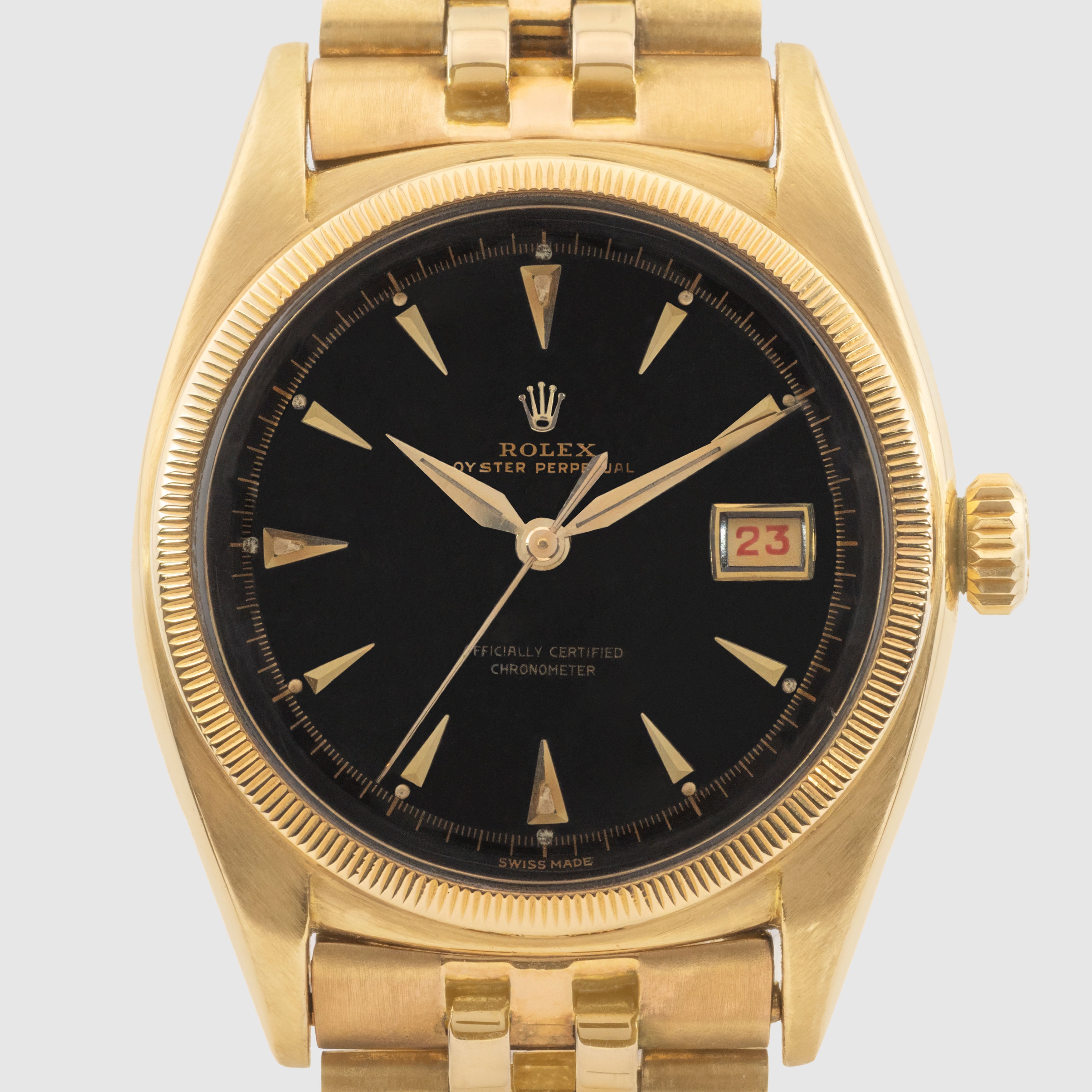 1953 Rolex Datejust Ovettone Yellow Gold Black Gilt Dial Ref. 6105