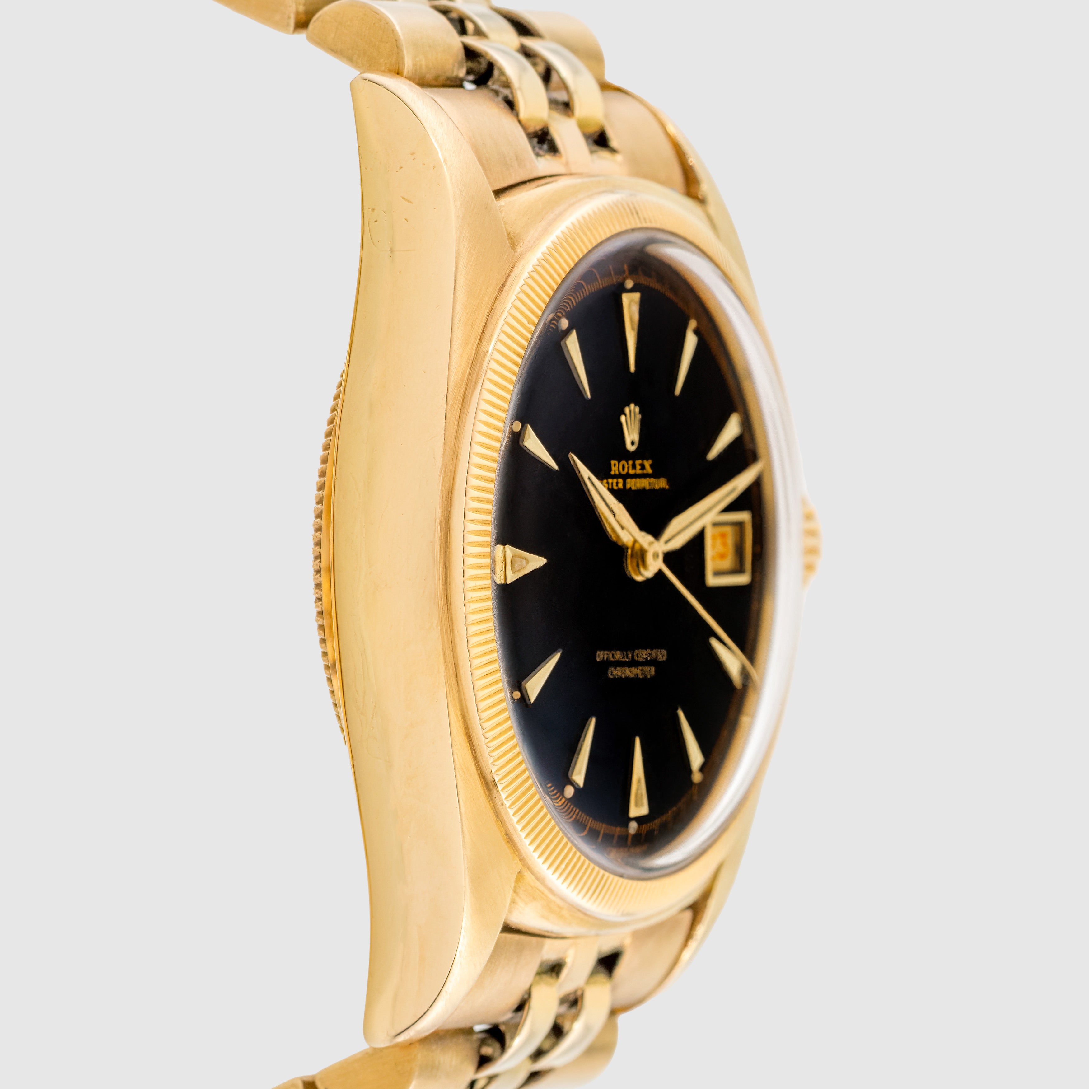 1953 Rolex Datejust Ovettone Yellow Gold Black Gilt Dial Ref. 6105