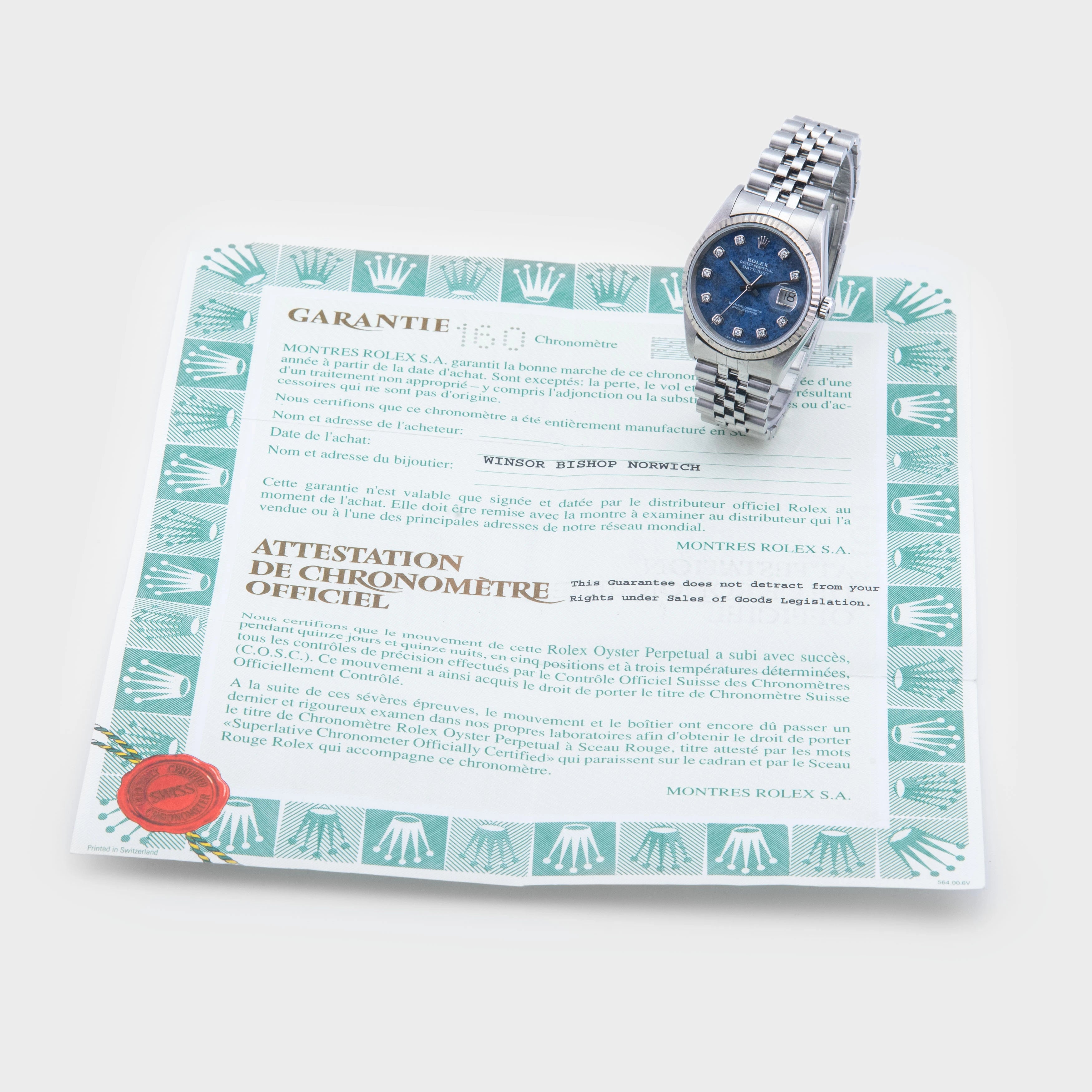 2000 Rolex Datejust Sodalite Diamond Dial St/WG Ref. 16234 (with Papers)