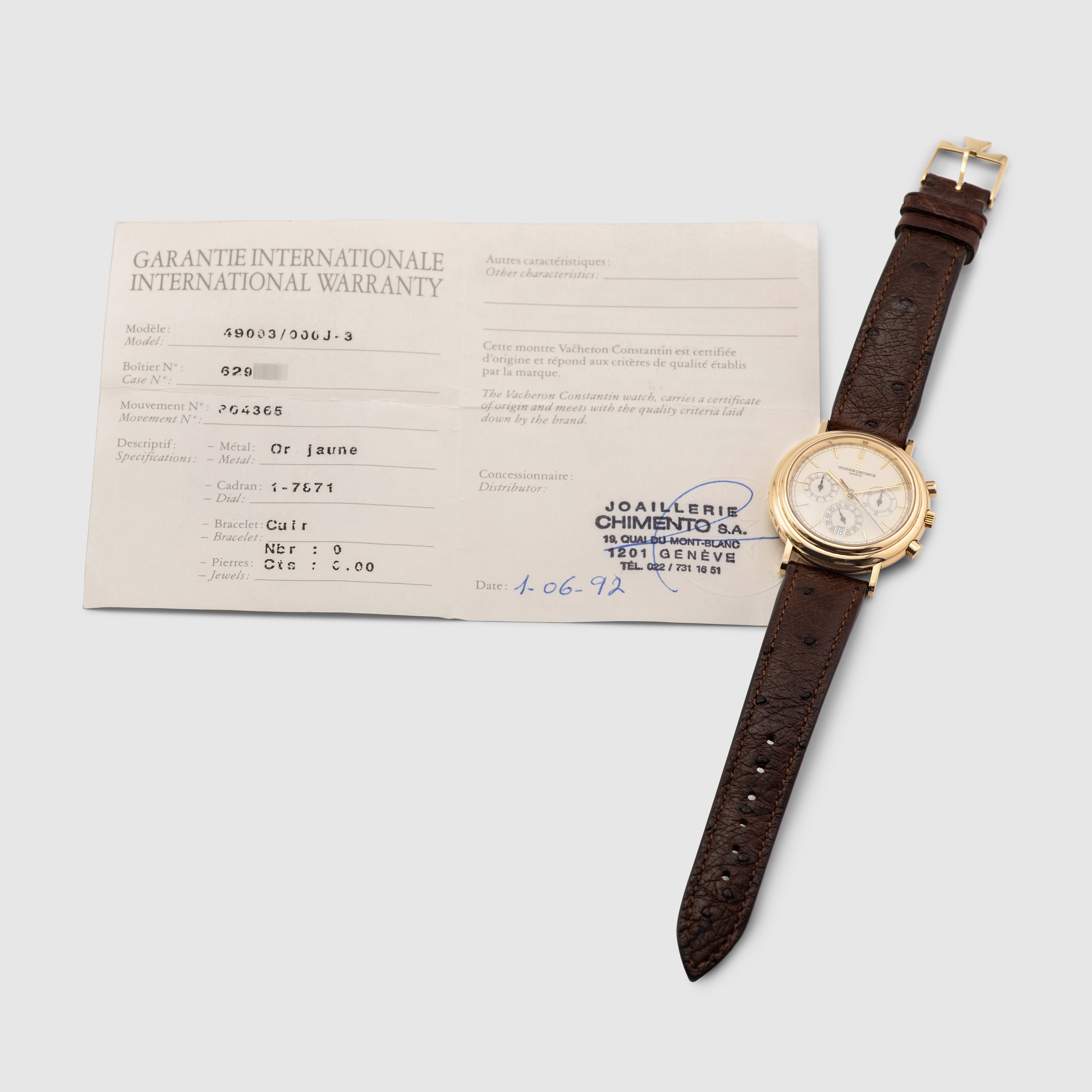 1992 Vacheron Constantin Les Historiques Chronograph Yellow Gold  Ref. 49003 (with Papers)