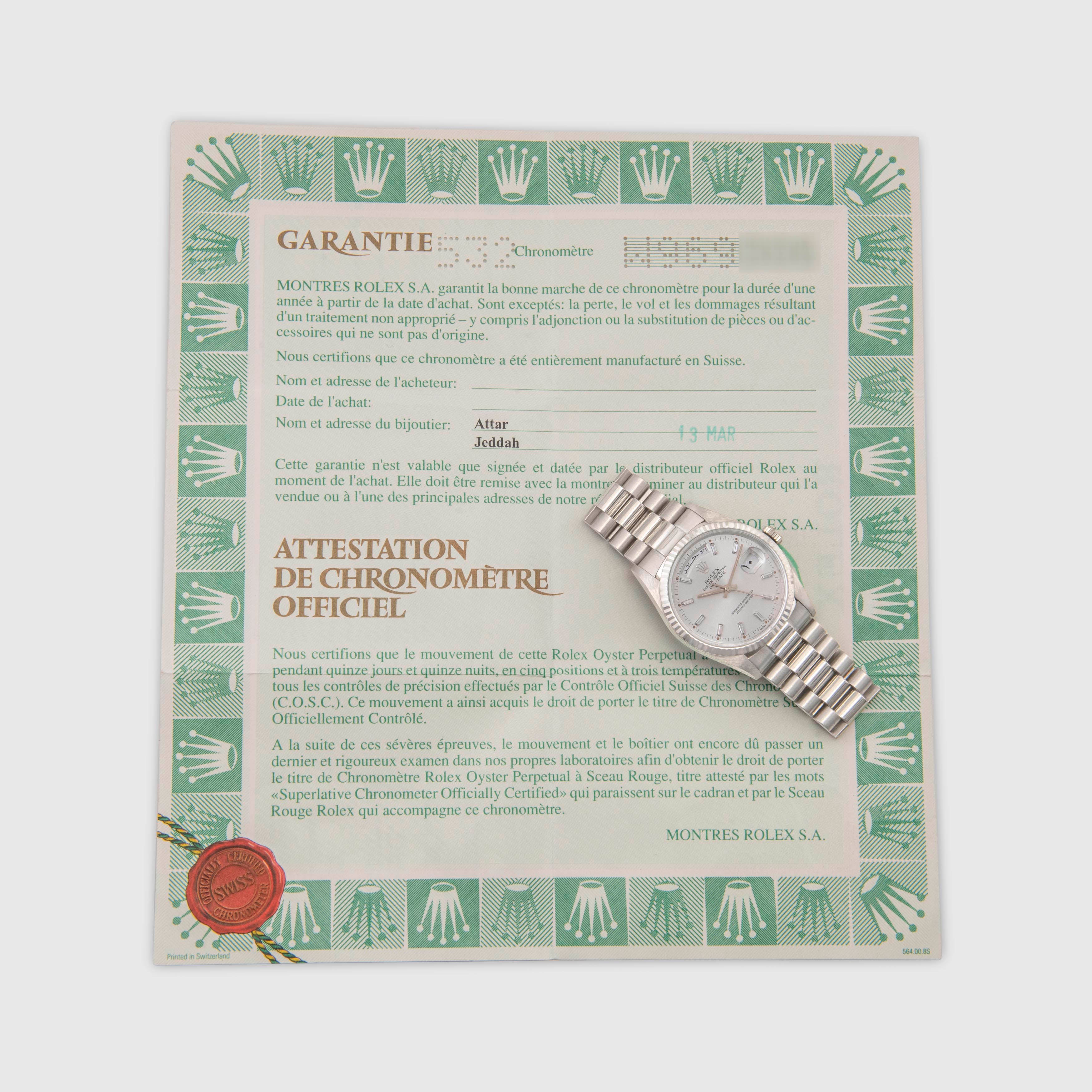1995 Rolex Day Date Baguettes Dial Arabic Discs Ref. 18239 (Saudi Papers)