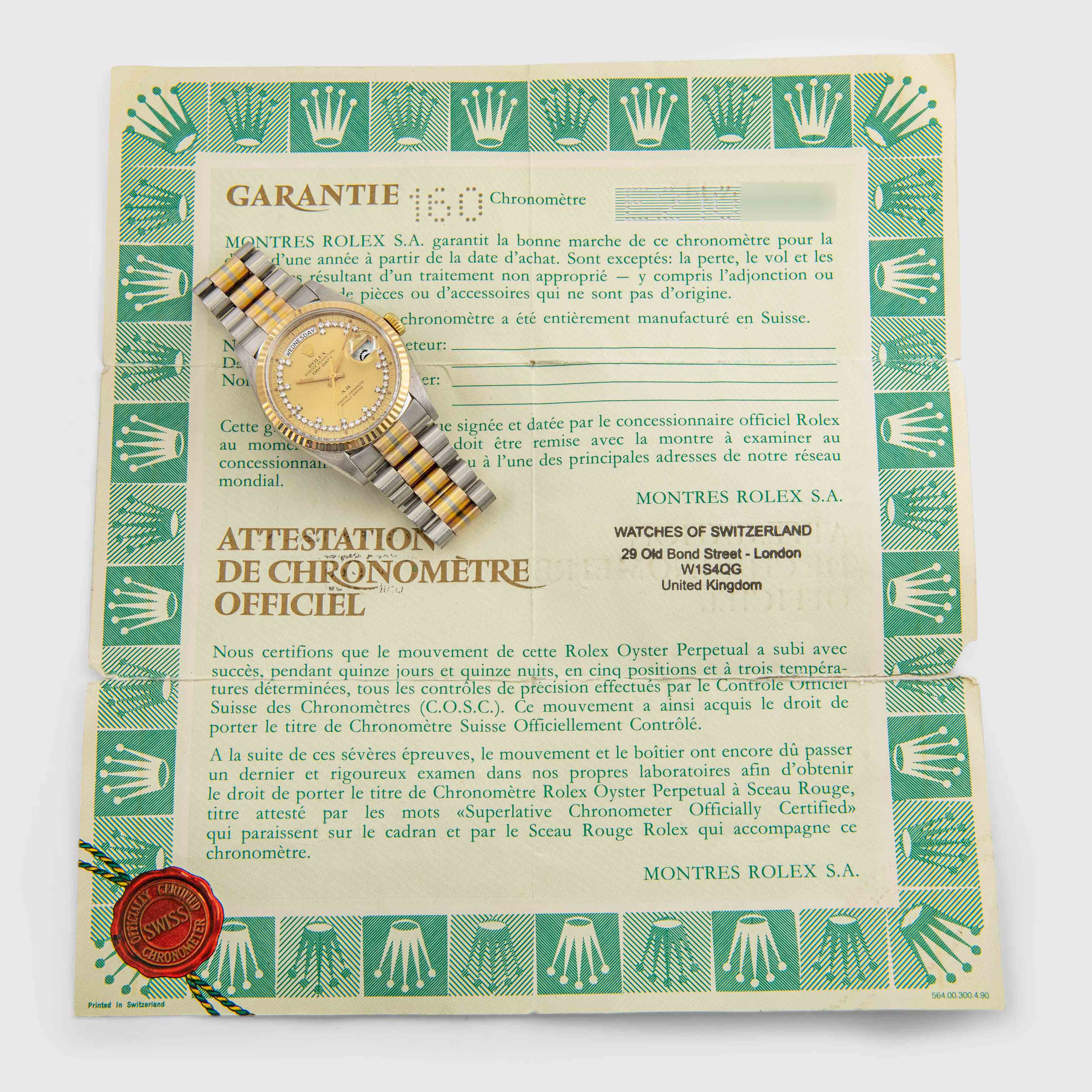 1990 Rolex Day Date Tridor Diamond String Dial 'AB' Ref. 18239B (with Warranty Certificate)