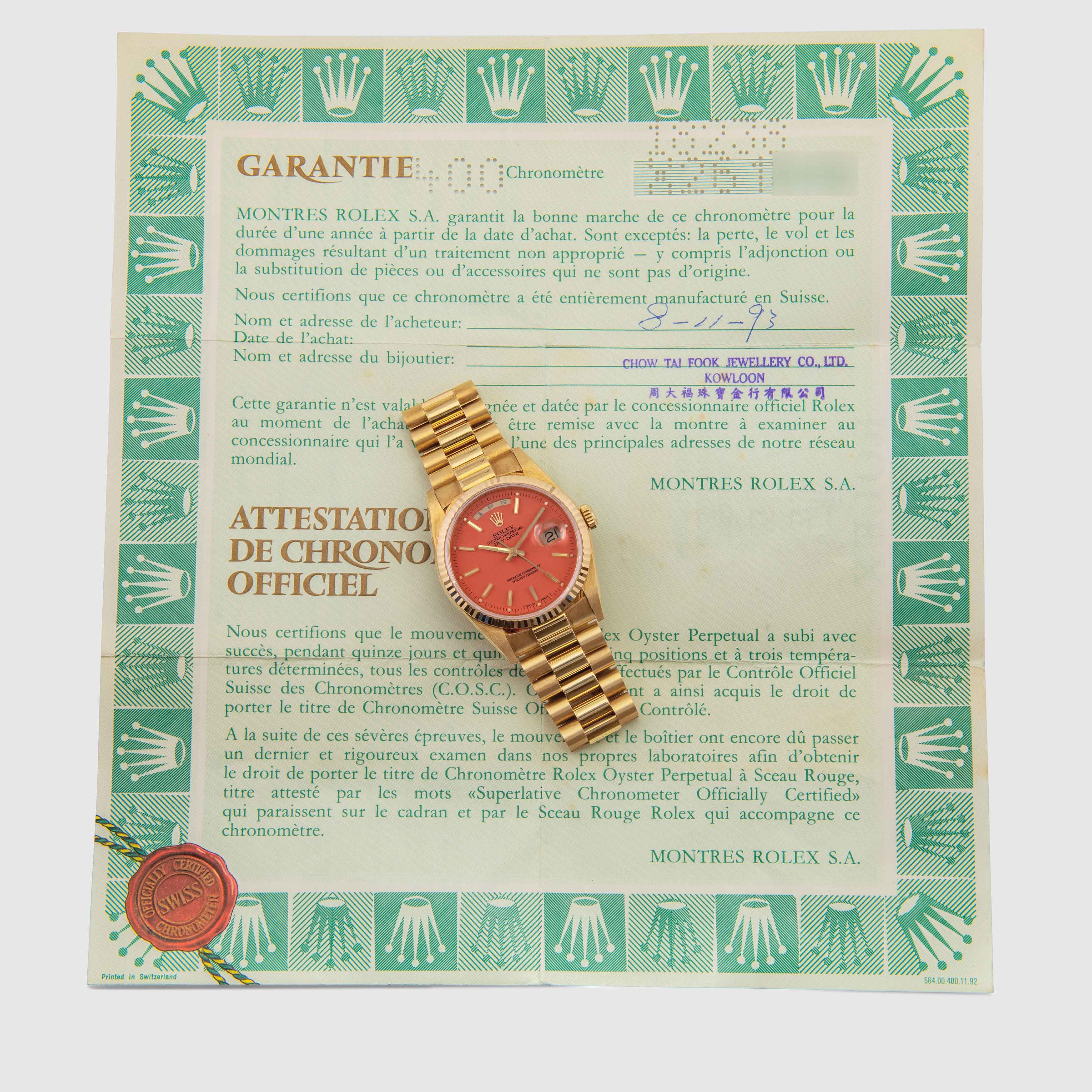 1991 Rolex Day Date Coral Stella Chinese Calendar 'Mint' Ref. 18238 (with Papers)