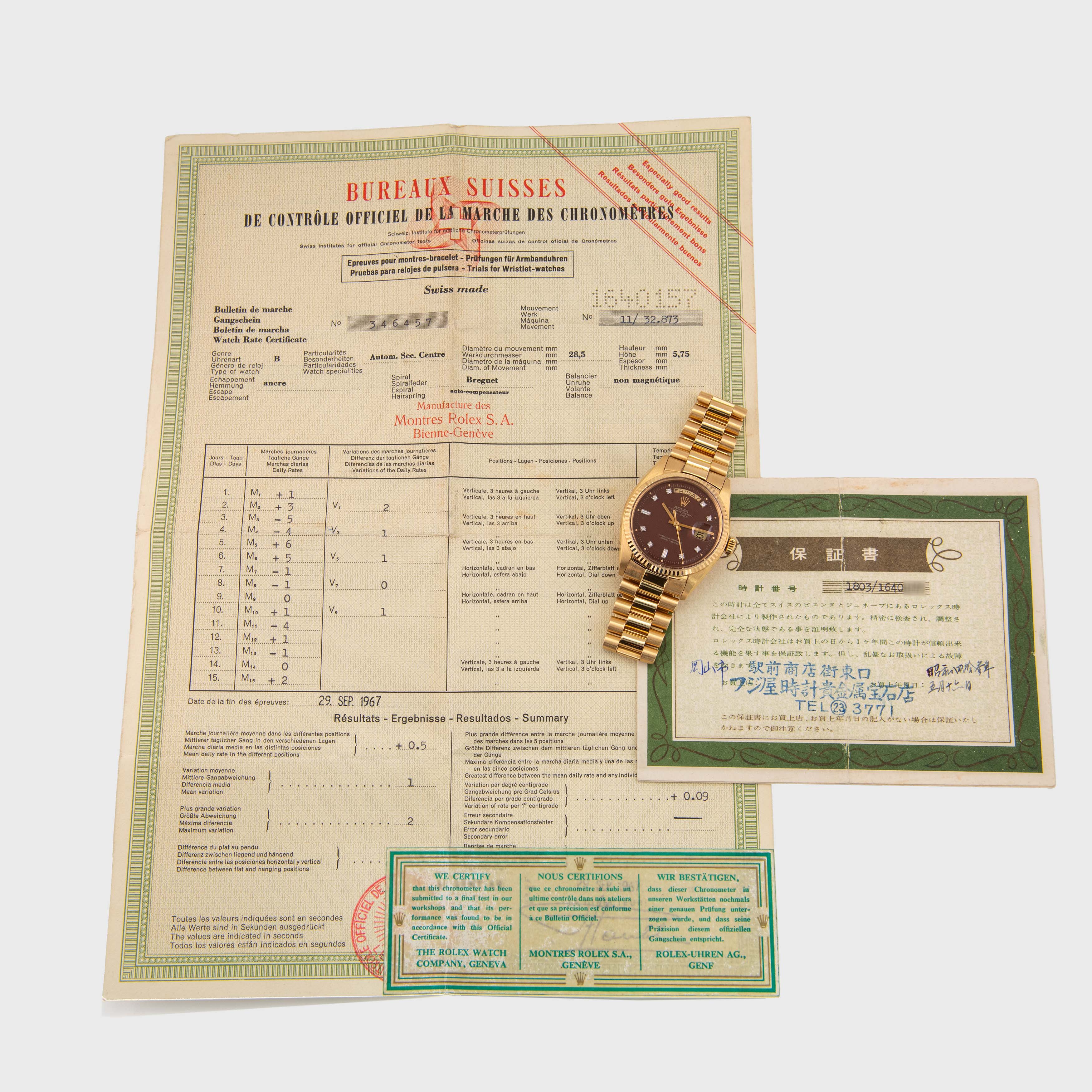 1967 Rolex Day Date Oxblood Stella Diamond Dial Ref. 1803 (with Papers)