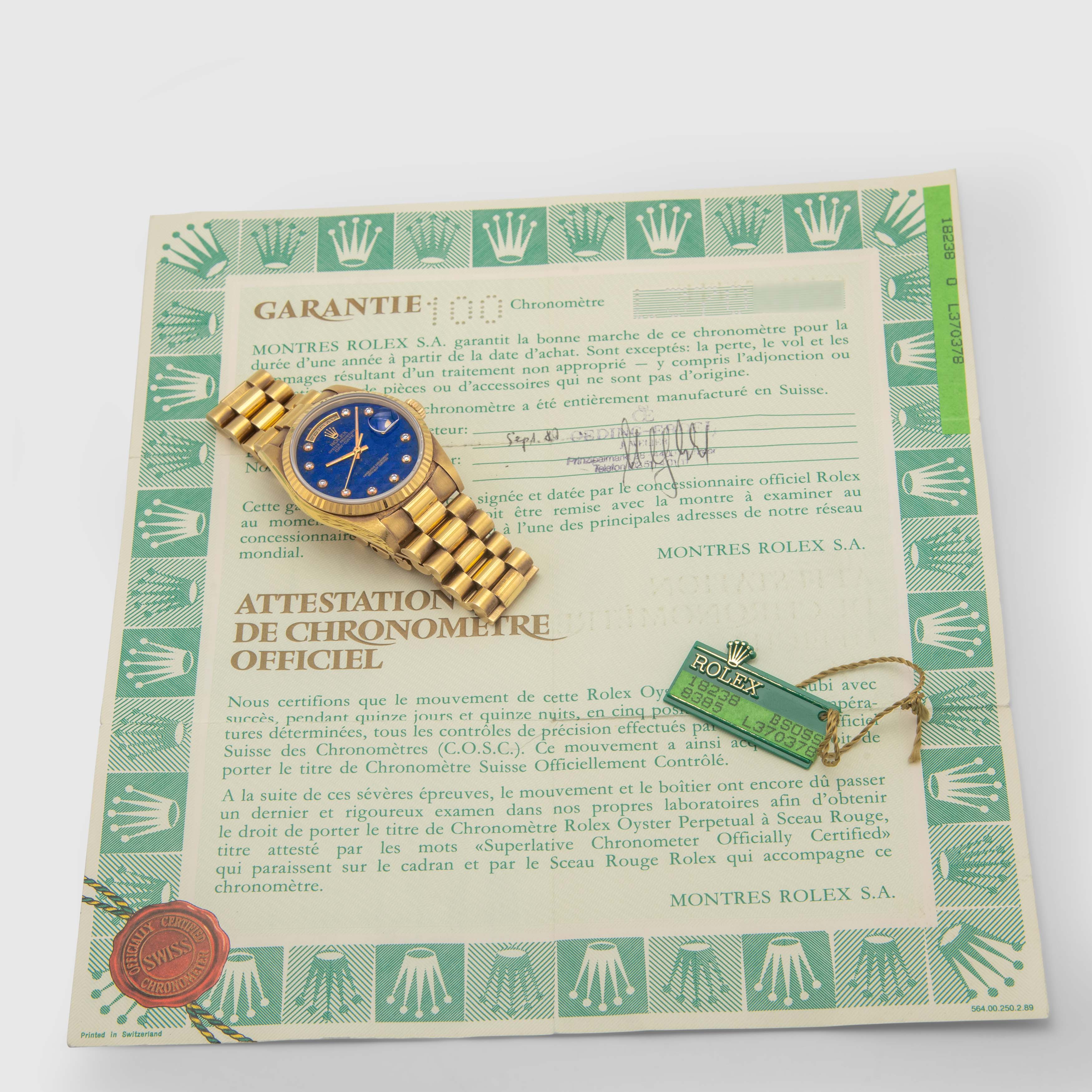 1989 Rolex Day Date Pyramid Lapis with Pinball Diamond Dial Ref. 18238 (with Papers & Hang Tag)