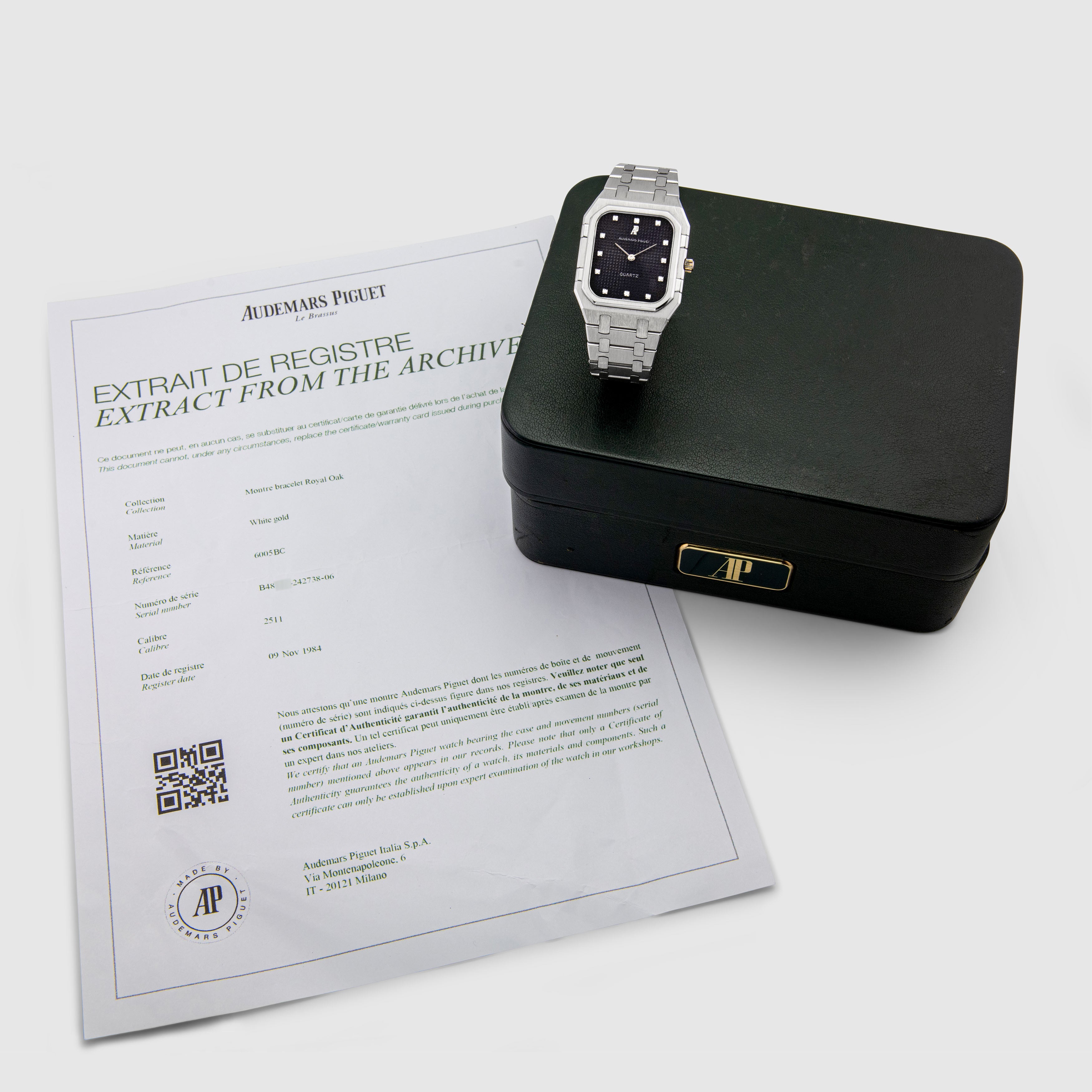 1984 Audemars Piguet Royal Oak Jumbo White Gold Diamond Dial Ref. 6005BC (with Box & Extract from the Archives)