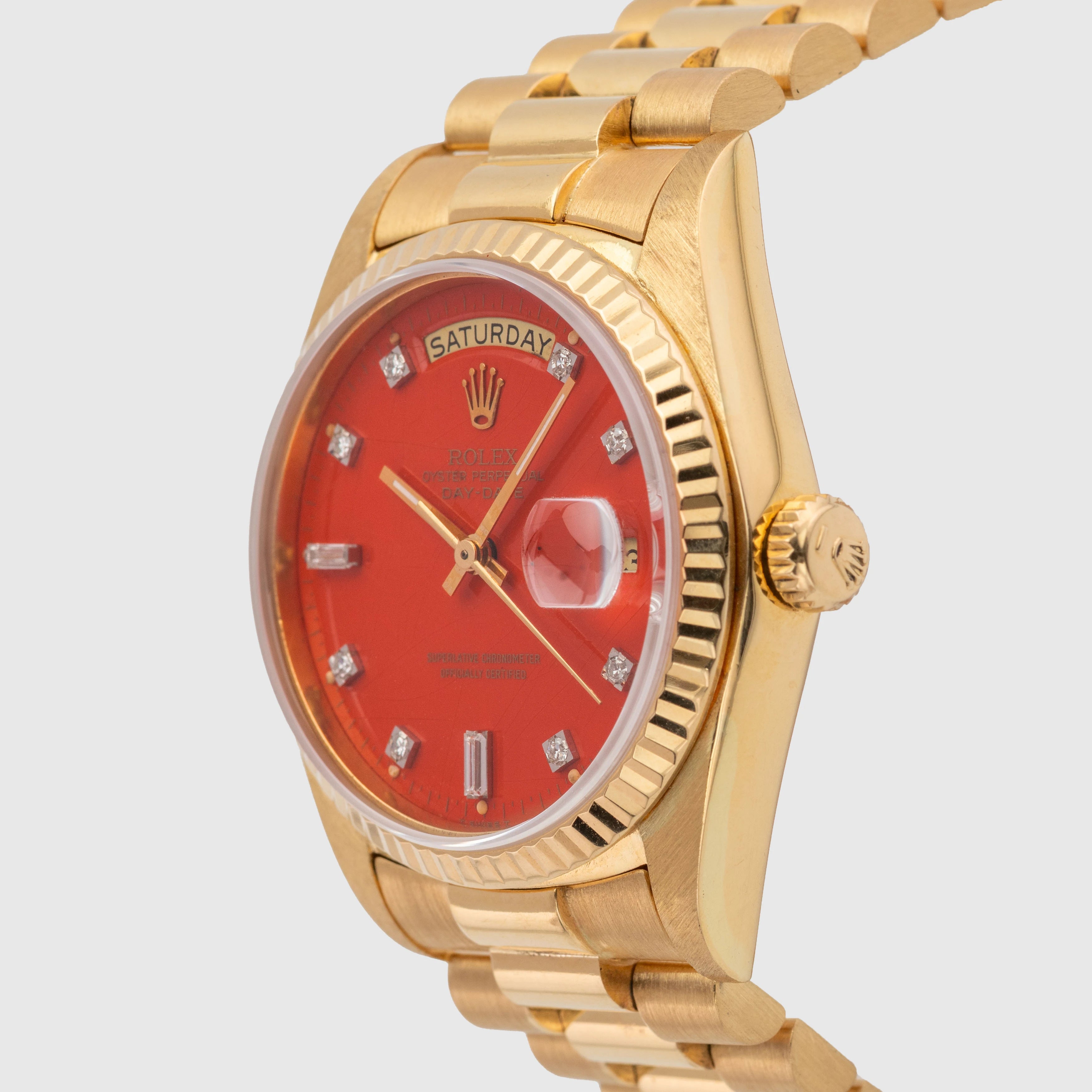 1987 Rolex Day Date Red Stella Diamond Dial Ref. 18038 (with Papers)