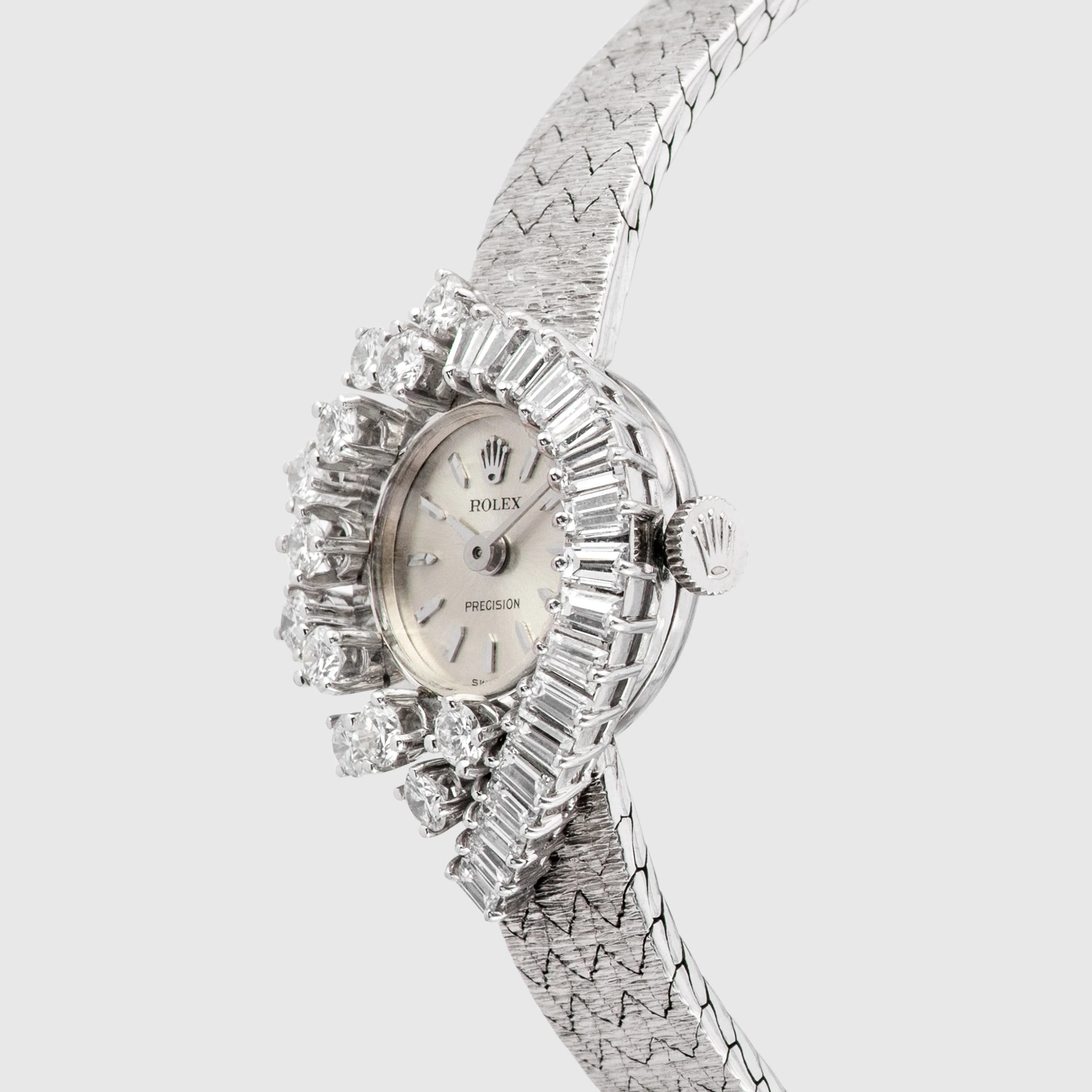 1960's Rolex Precision 18K White Gold Silver Dial Diamonds & Baguettes