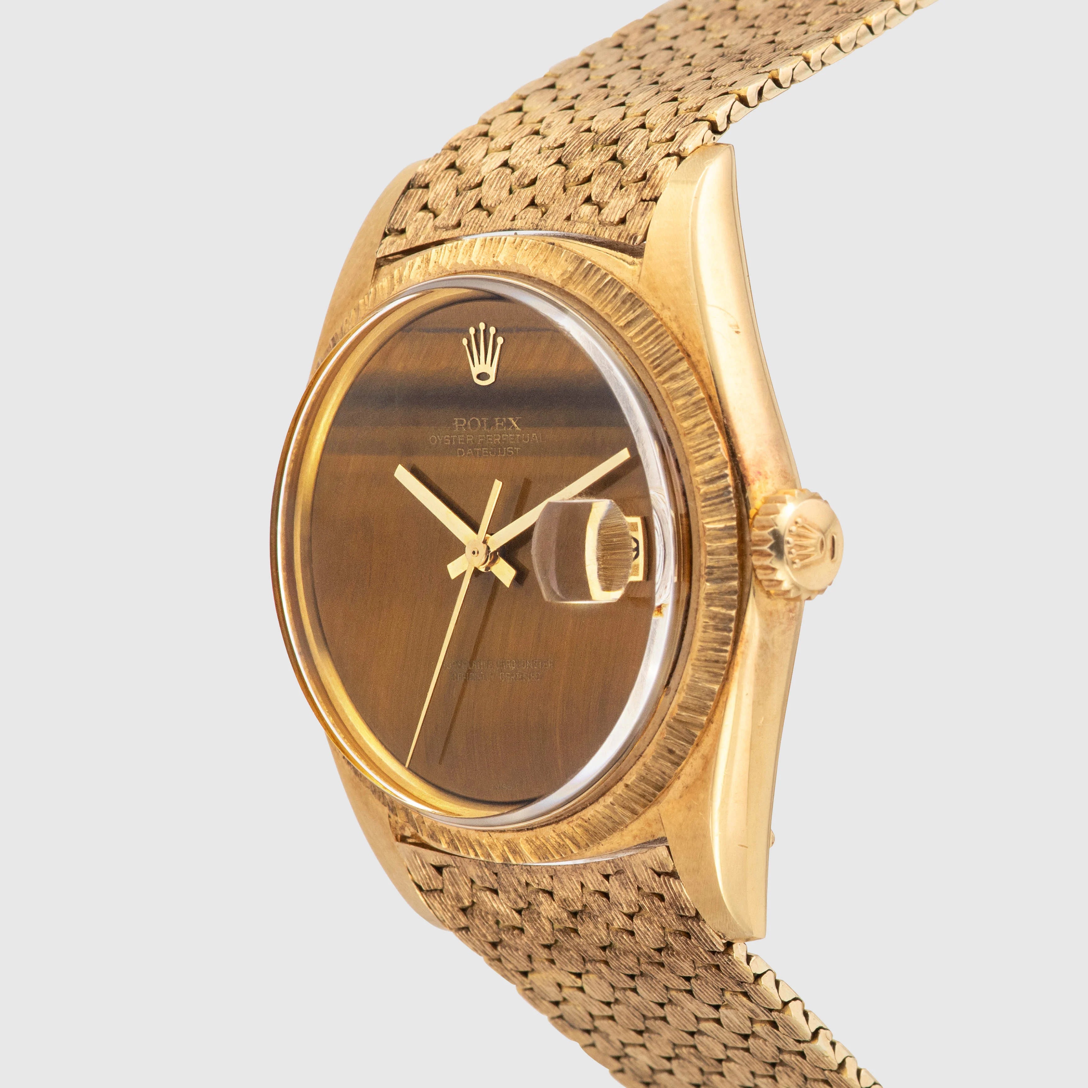 1972 Rolex Datejust 18K Yellow Gold Tiger Eye Dial Bark Finish with Special Bracelet Ref. 1607