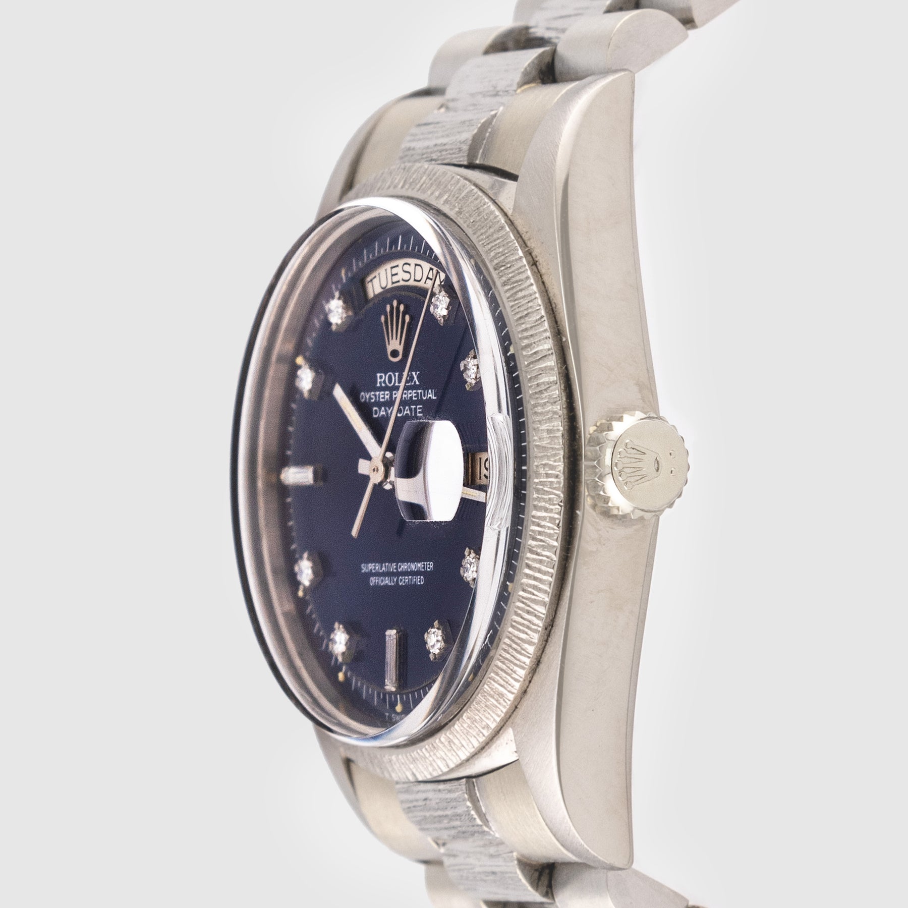 1975 Rolex Day Date Bark White Gold Blue Diamond Dial Ref. 1807