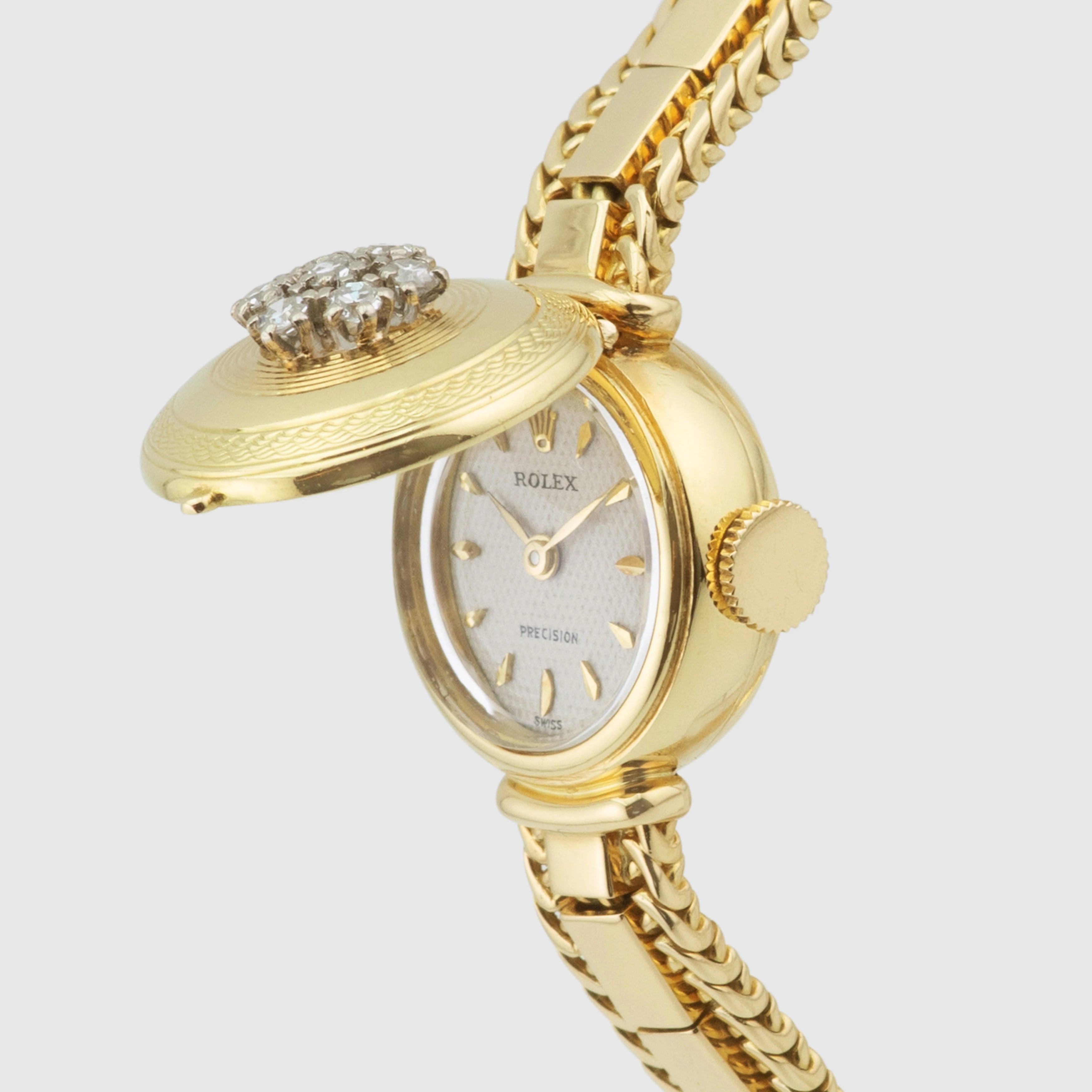 1950's Rolex Precision Ladies Clamshell Yellow Gold with Diamonds