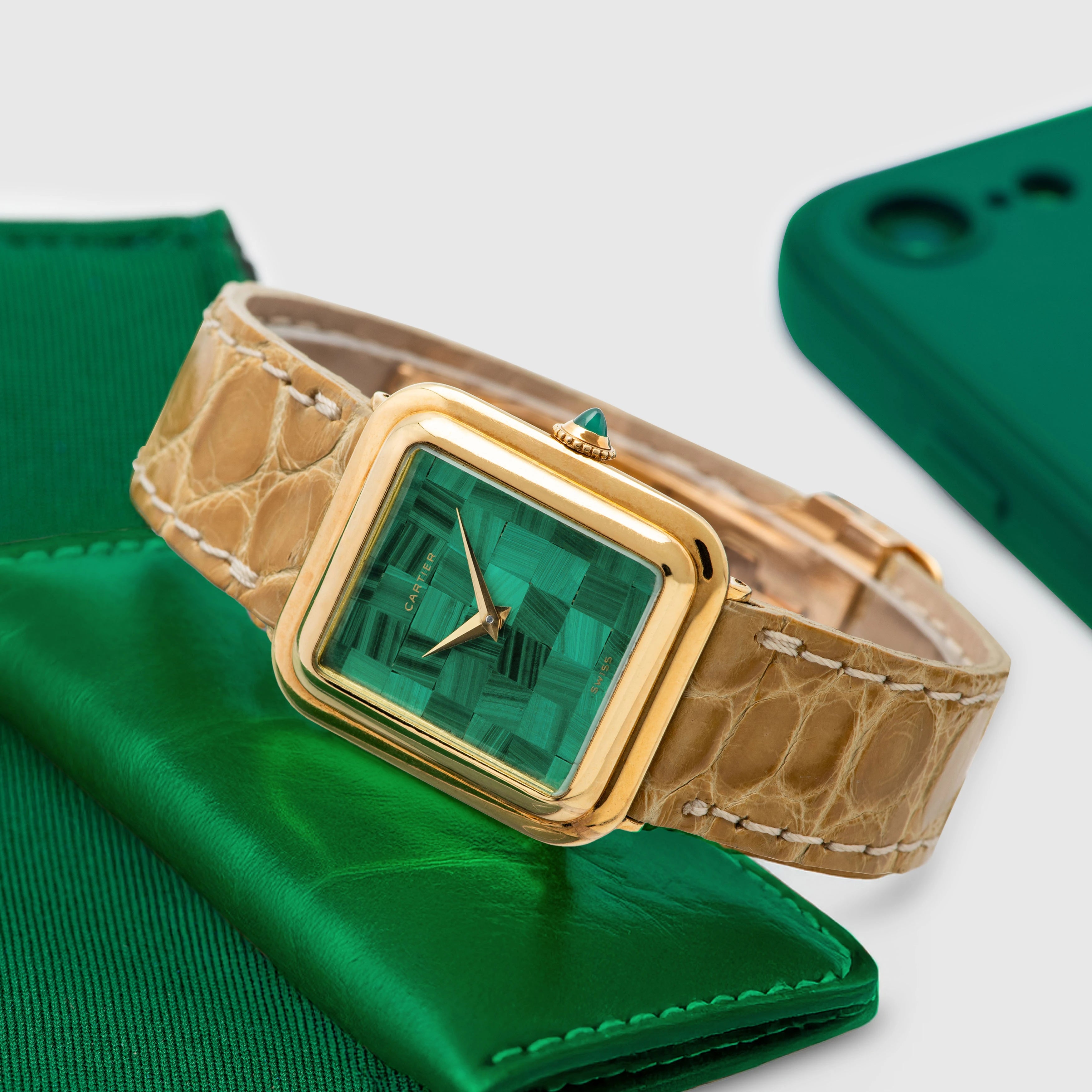 1960's Cartier Tank 18k Square Mosaic Malachite Dial Ref. 1634