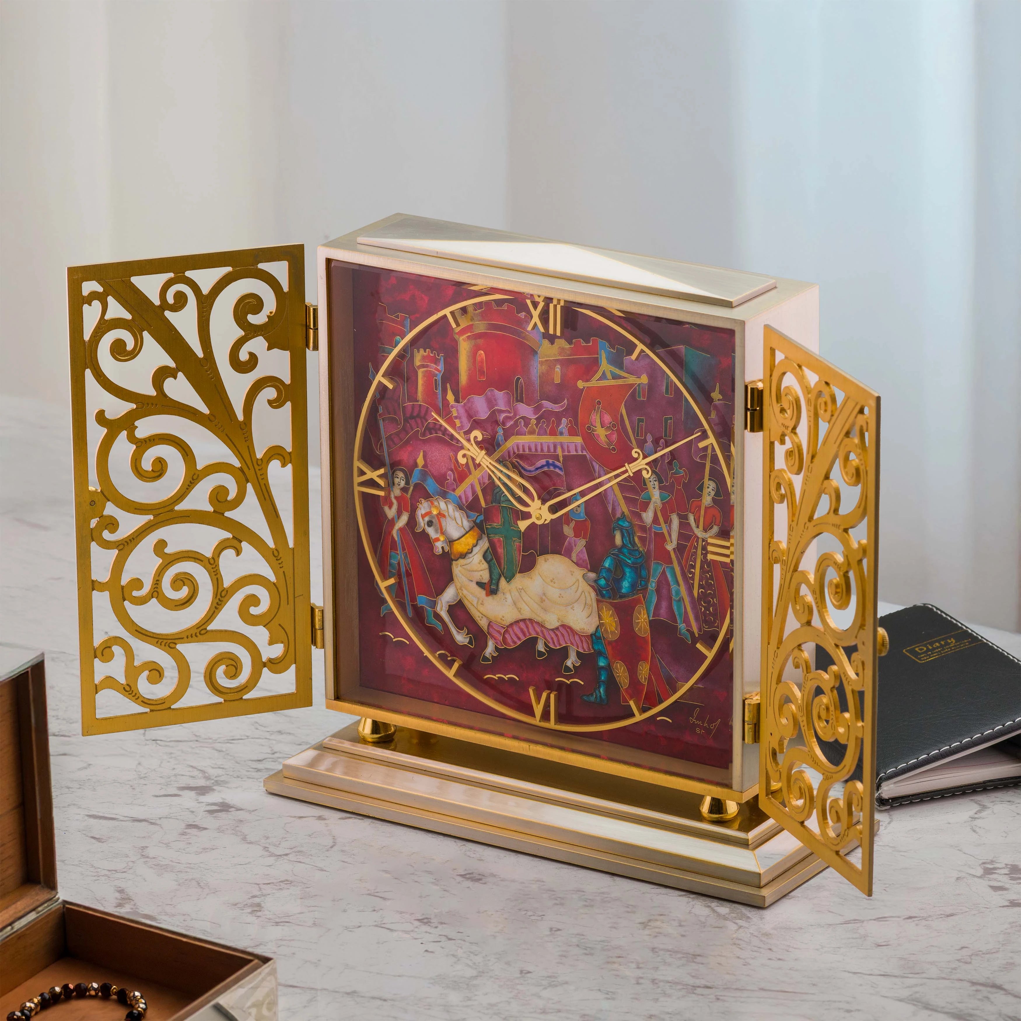 1960's Imhof Gilt Brass & Enamel Table Clock with Knight Motif