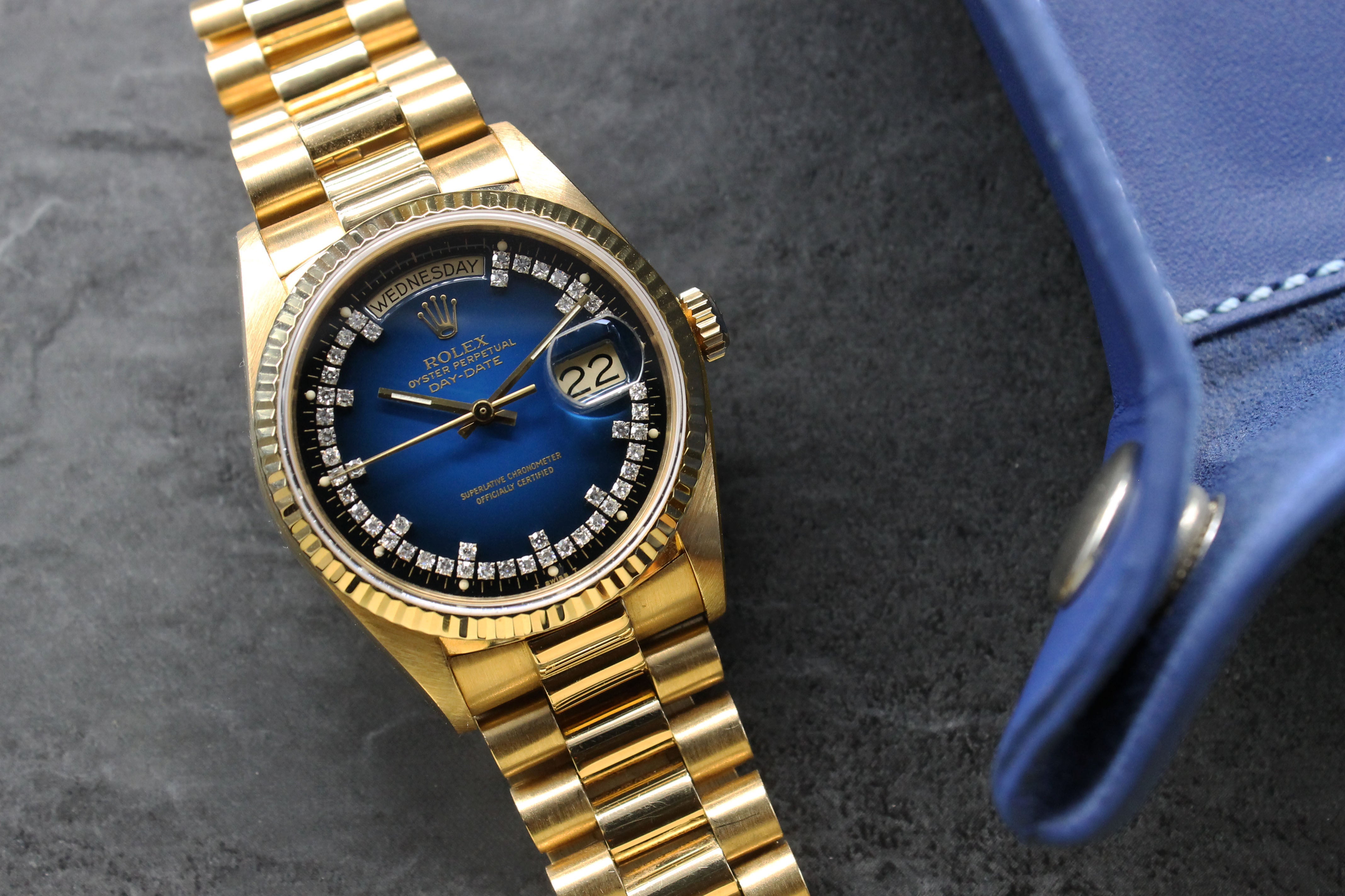 1984 Rolex Day Date Blue Vignette Diamond String Dial Ref. 18038