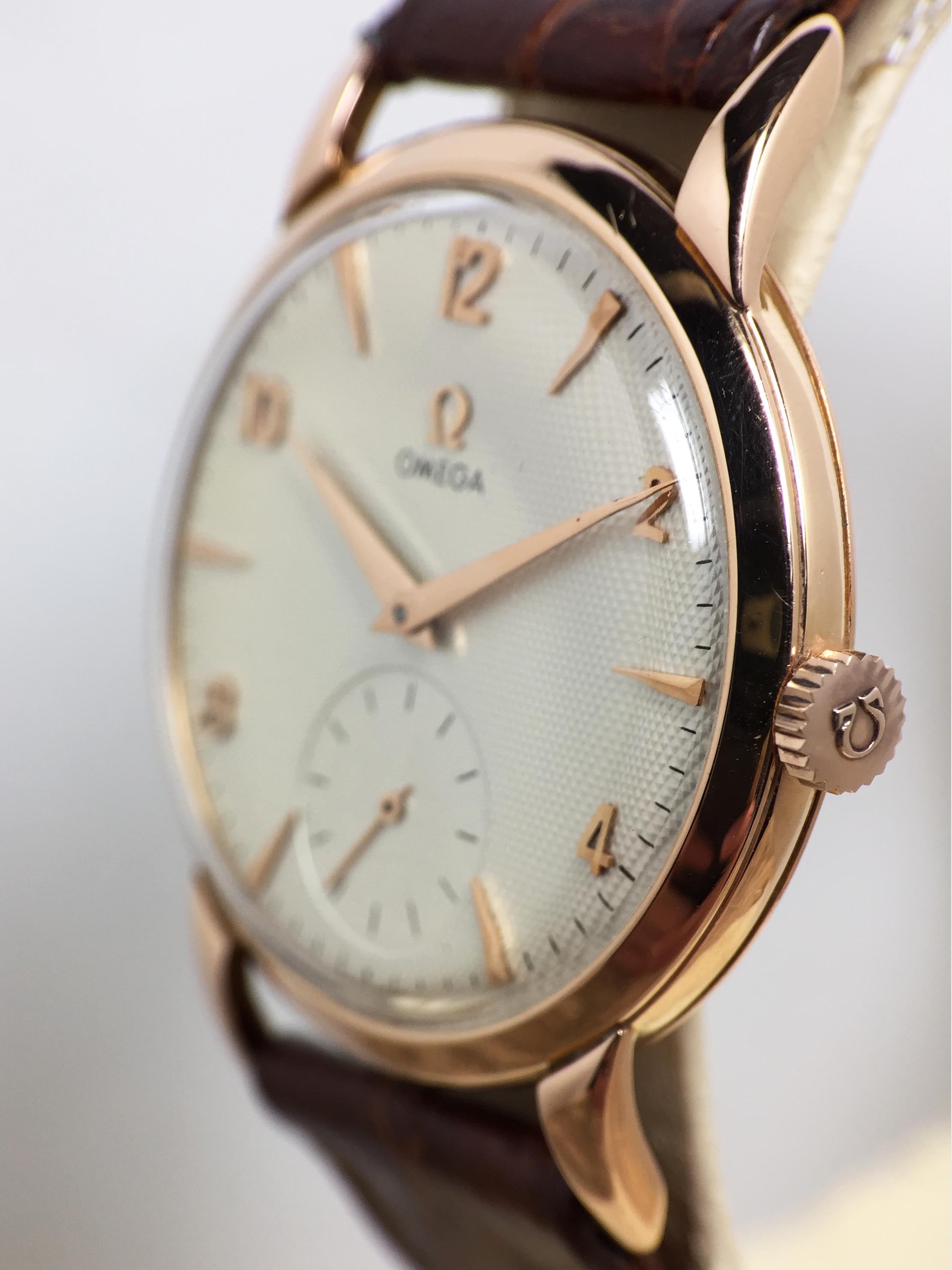 1956 Omega Dress Watch Pink Gold Honeycomb Dial Ref. 2685