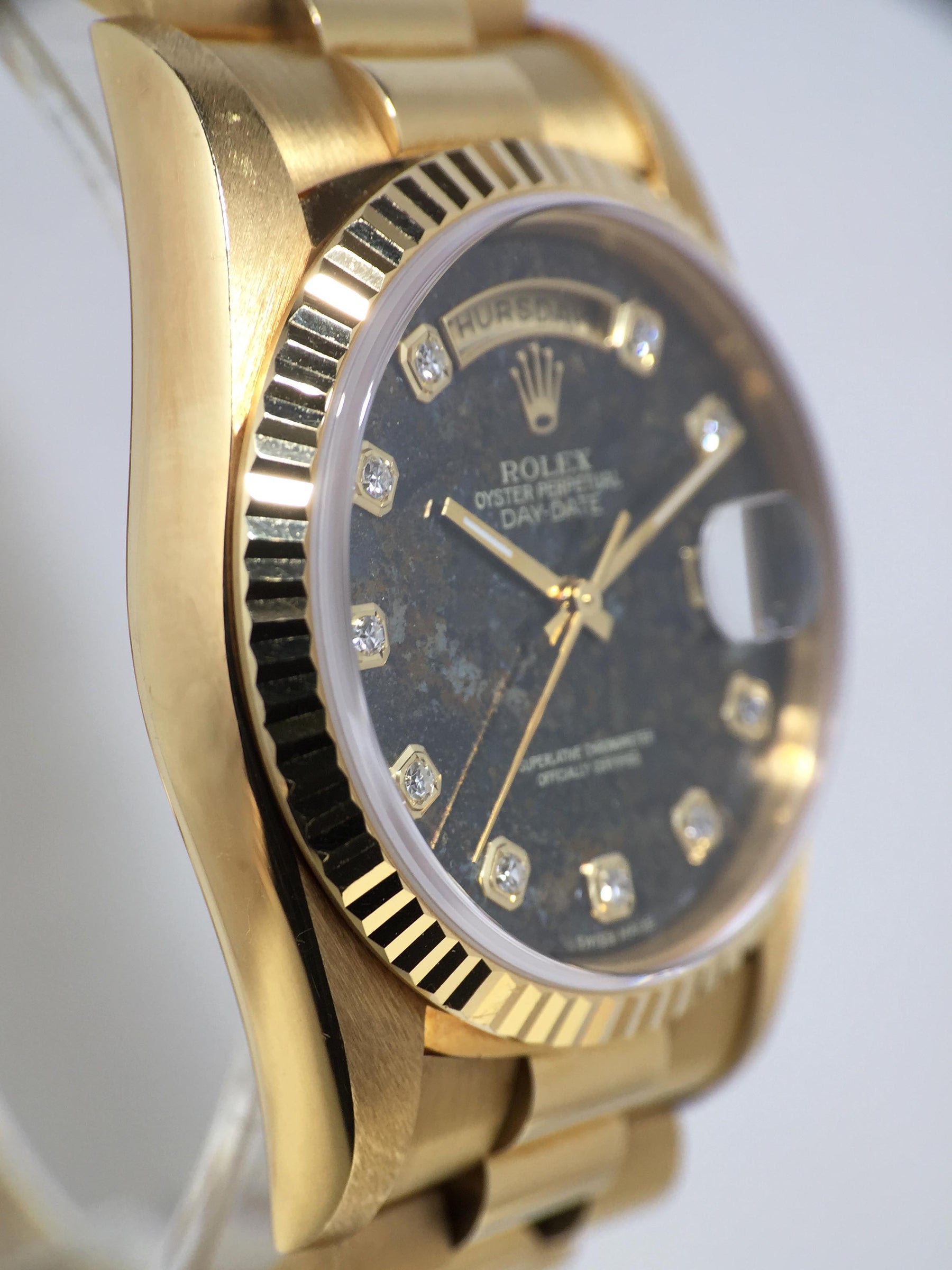 1991 Rolex Day Date Pyrite Diamond Dial Ref. 18238 (with Box & Papers)