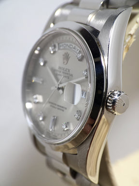 1996 Rolex Day Date Platinum Silver No Lume Diamond Dial Ref. 18206