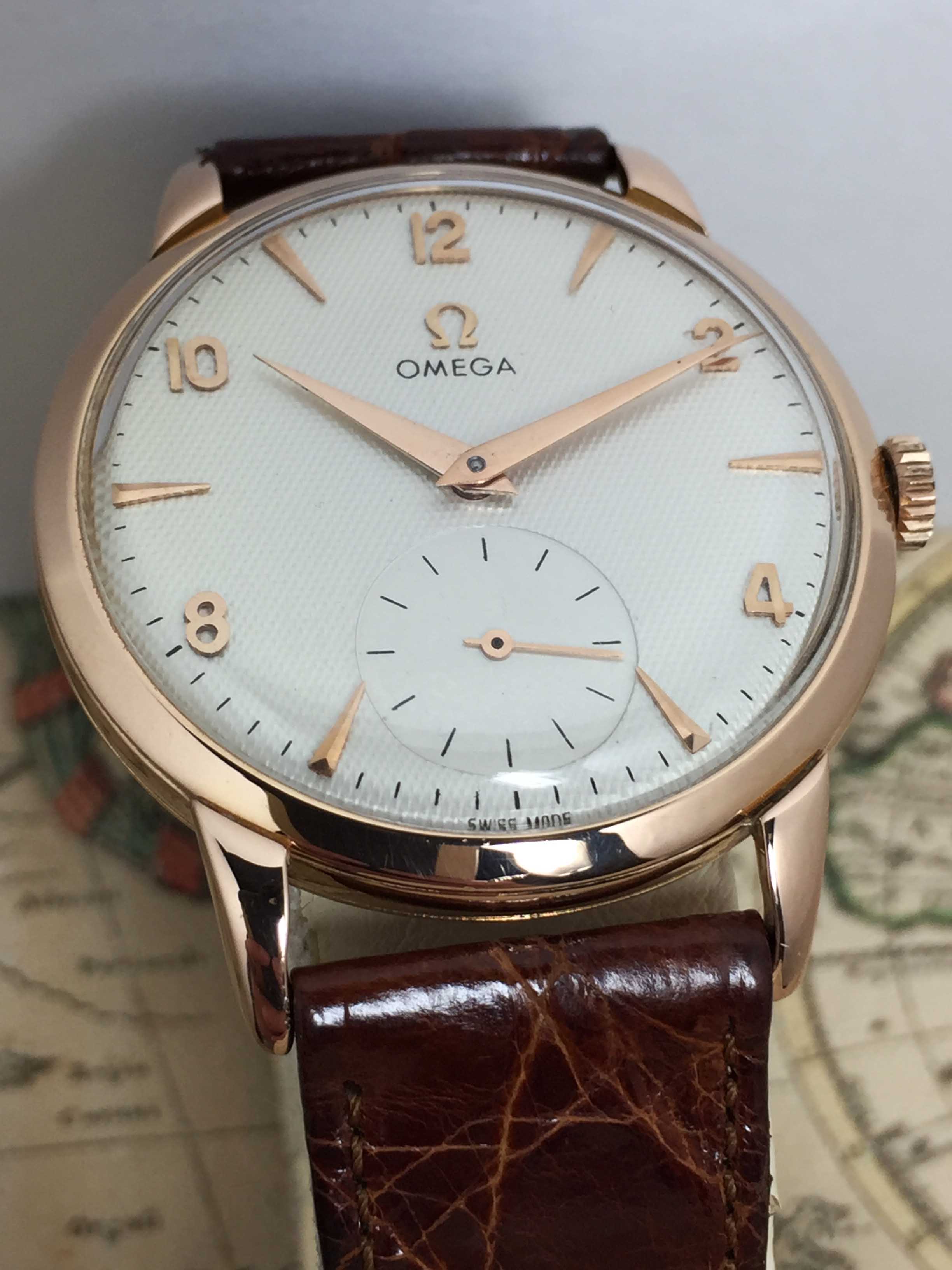 1956 Omega Dress Watch Pink Gold Honeycomb Dial Ref. 2685