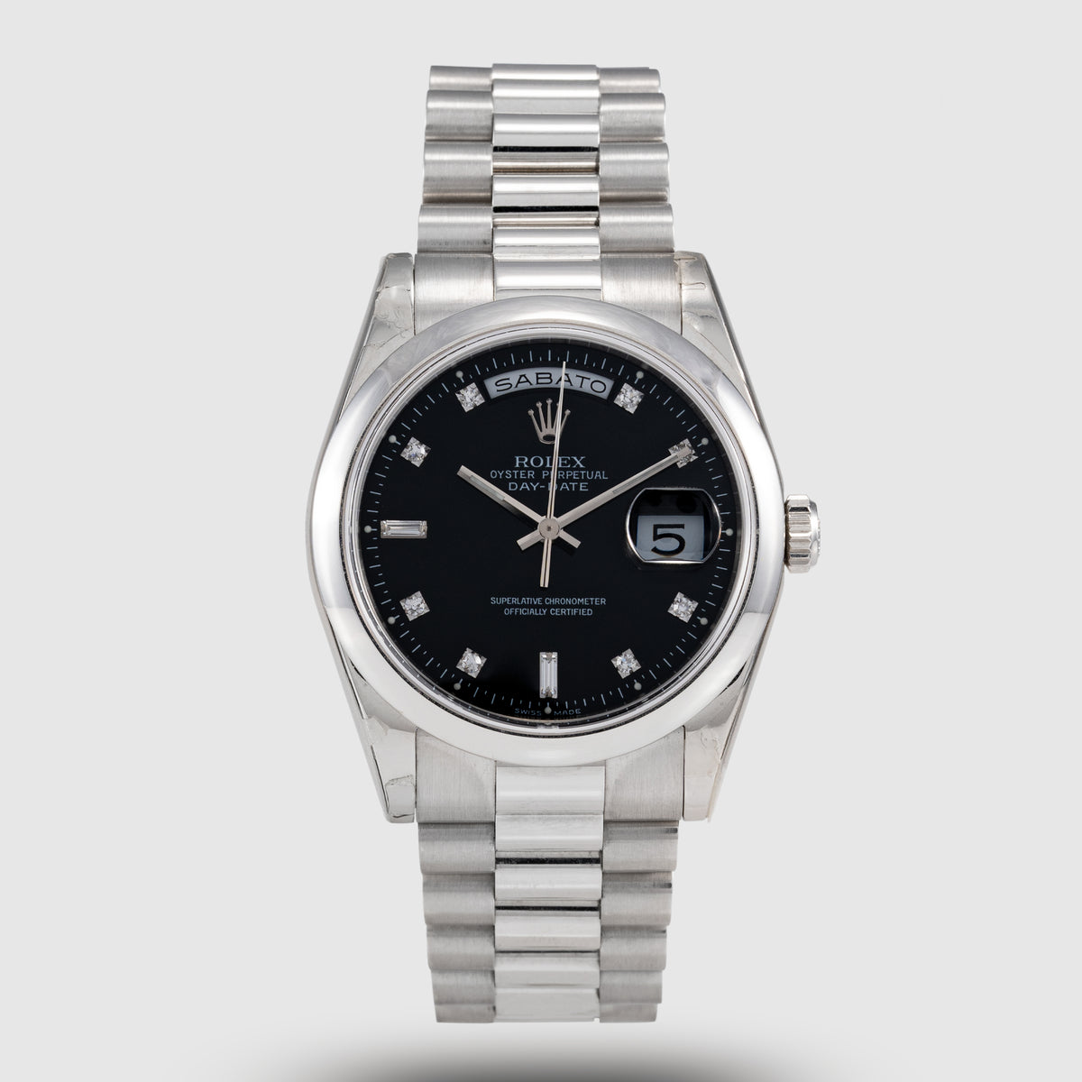 2000 Rolex Day Date Platinum Black Diamond Dial New Old Stock Ref. 118206 (with Papers)