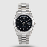 2000 Rolex Day Date Platinum Black Diamond Dial New Old Stock Ref. 118206 (with Papers)