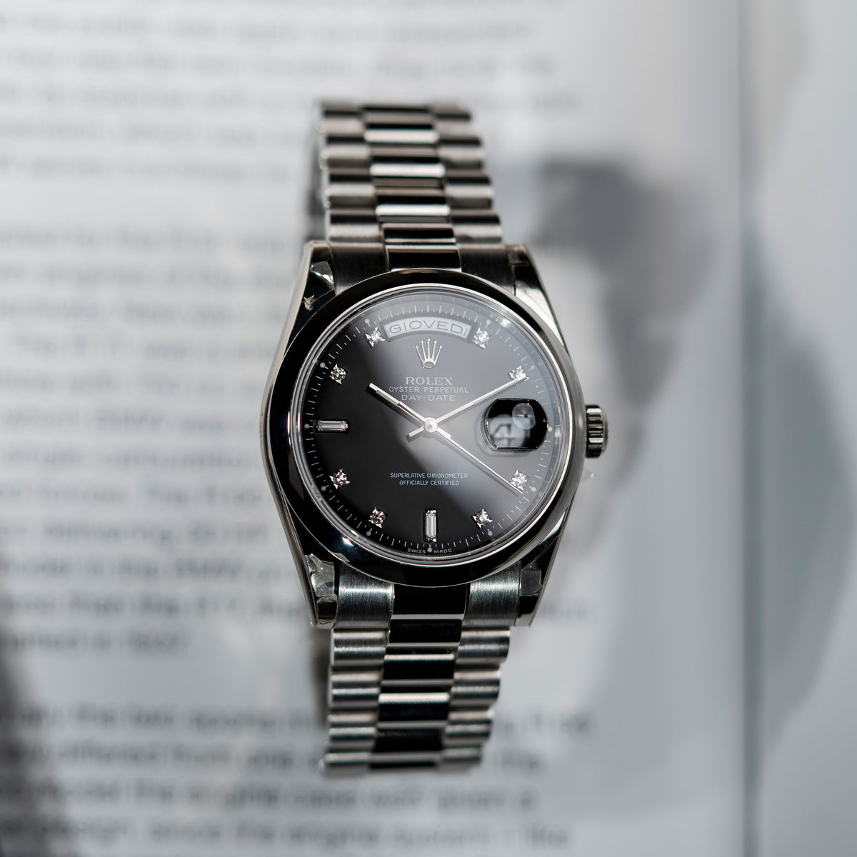 2000 Rolex Day Date Platinum Black Diamond Dial New Old Stock Ref. 118206 (with Papers)