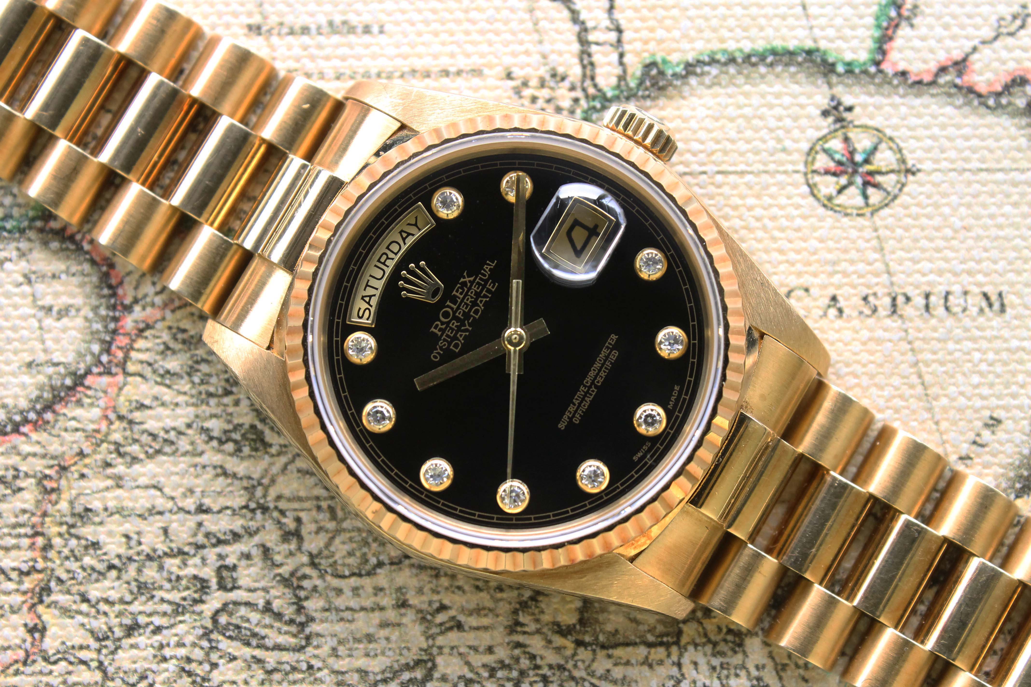 1988 Rolex Day Date Factory Onyx Diamond Dial Ref. 18038 (with Certificate)