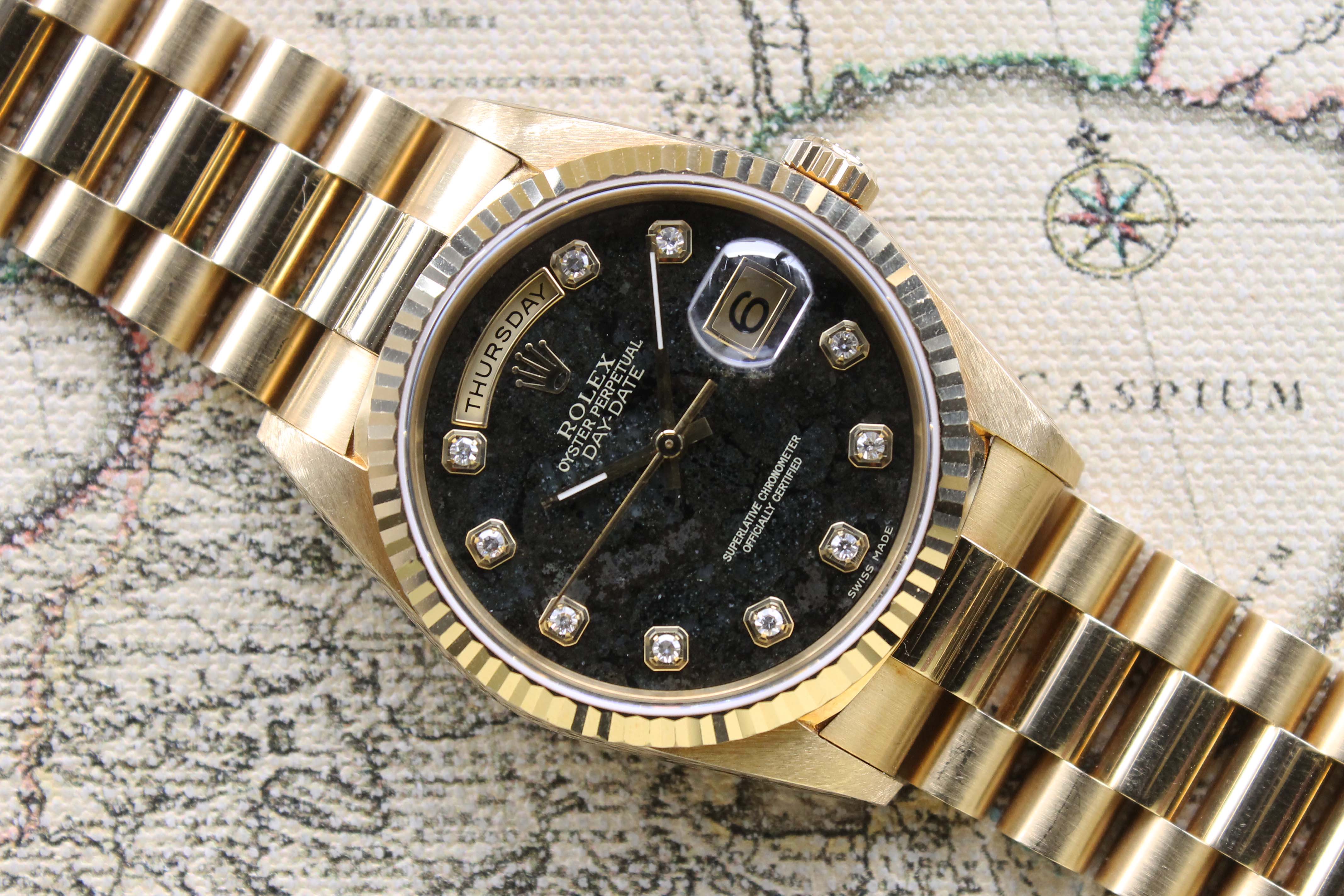 1991 Rolex Day Date Pyrite Diamond Dial Ref. 18238 (with Box & Papers)