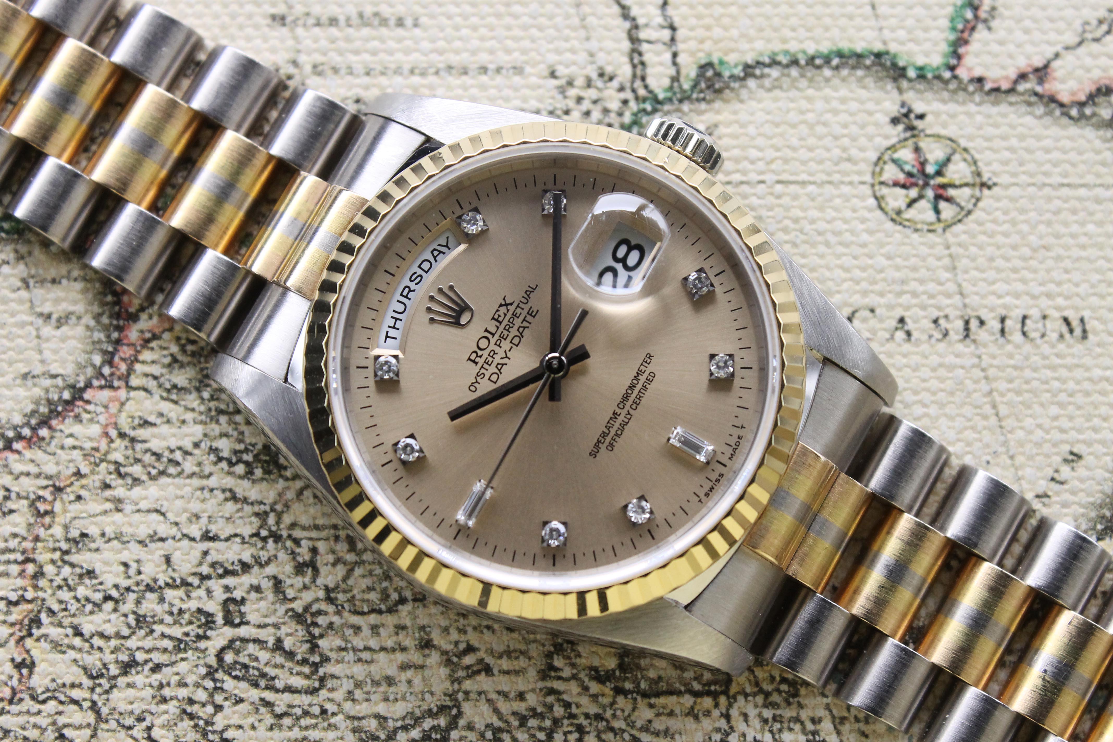 1994 Rolex Day Date Tridor Salmon Diamond Dial Ref. 18239B