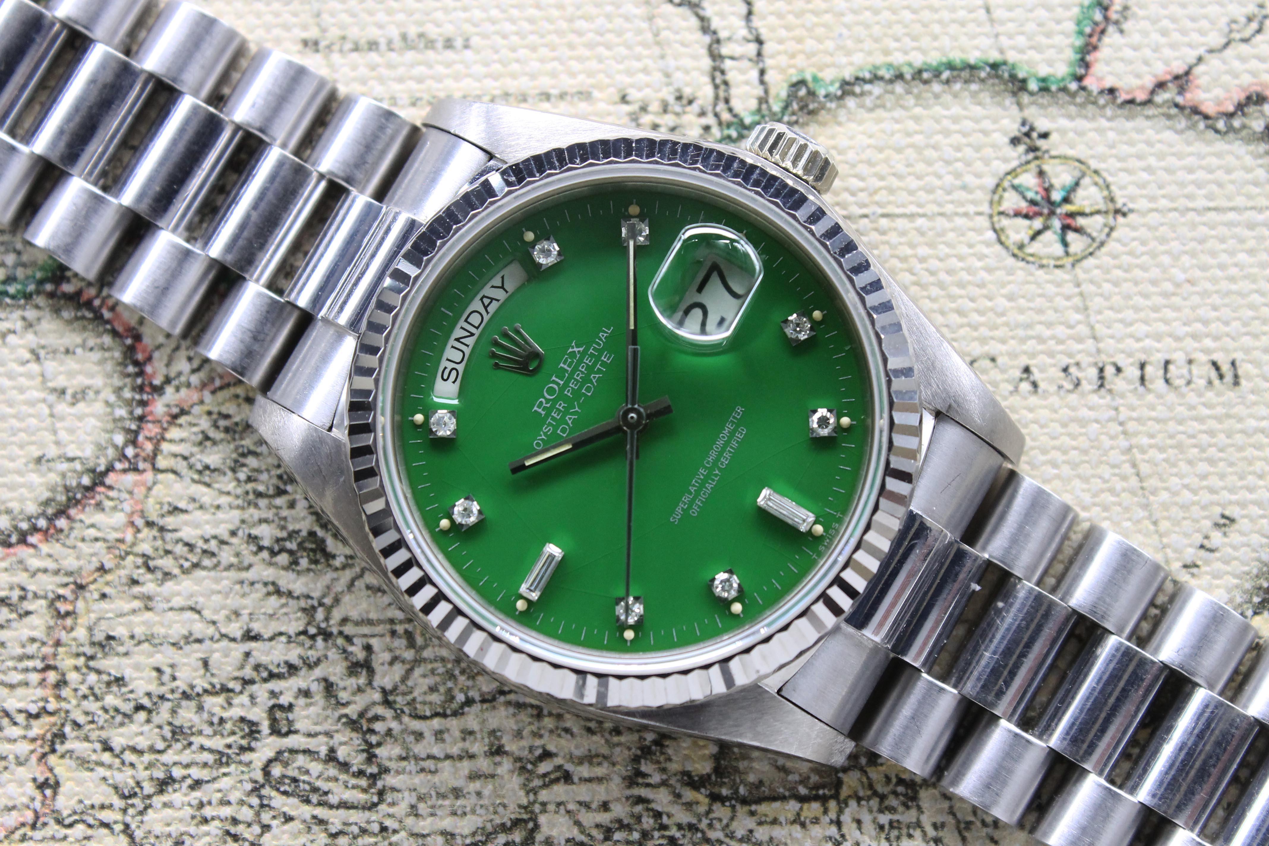 1979 Rolex Day Date WG Stella Lime Green Diamonds Ref. 18039