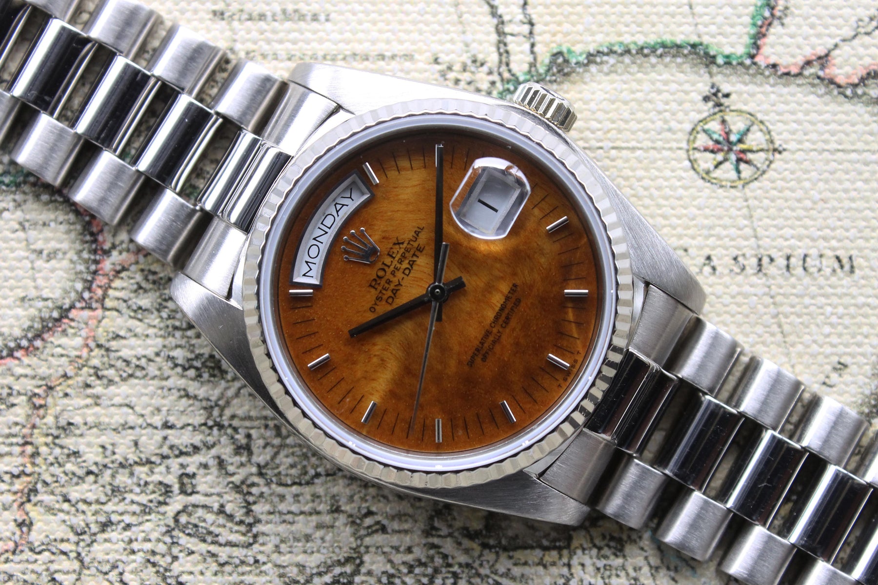 1983 Rolex Day Date White Gold Birch Wood Dial Ref. 18039