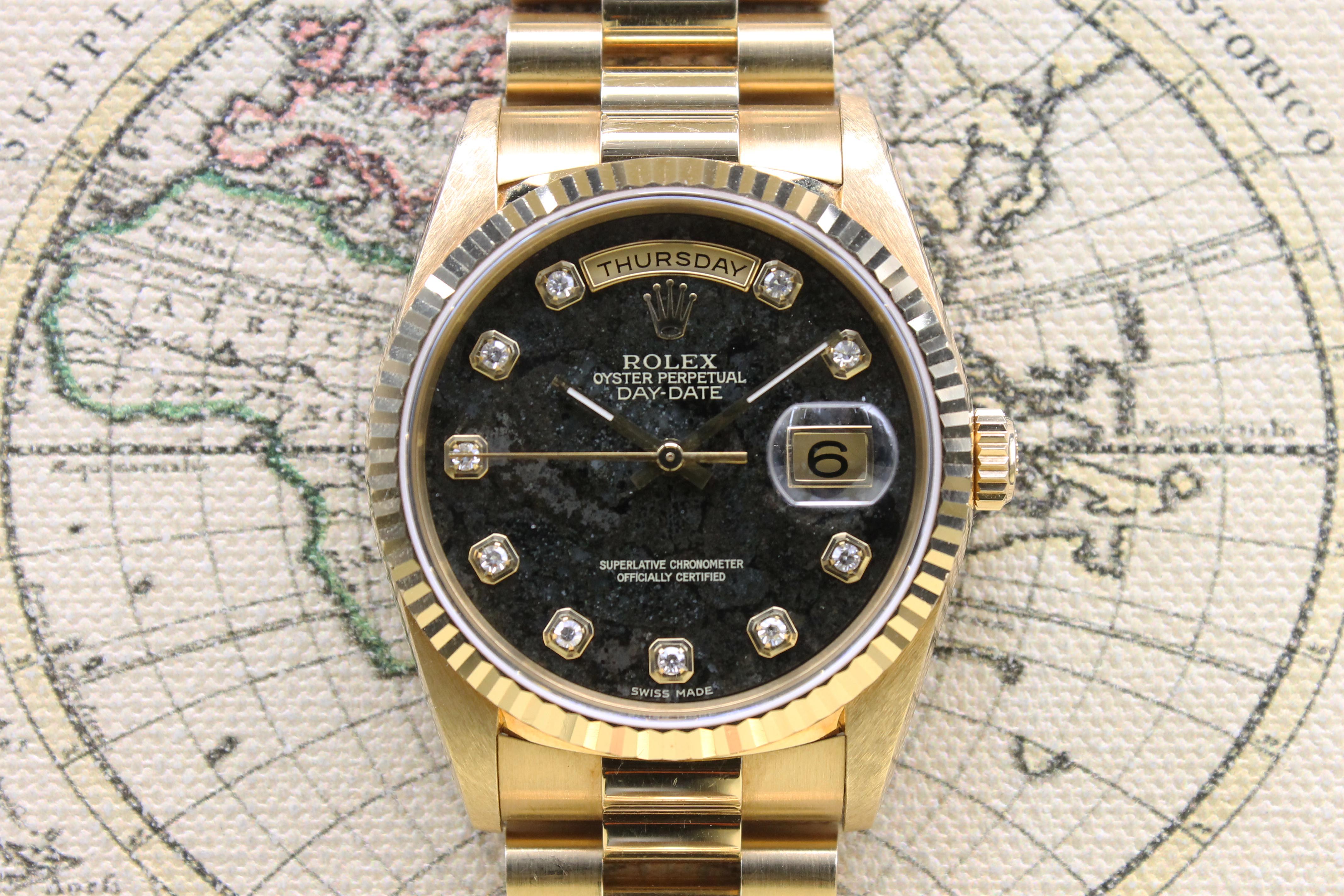 1991 Rolex Day Date Pyrite Diamond Dial Ref. 18238 (with Box & Papers)