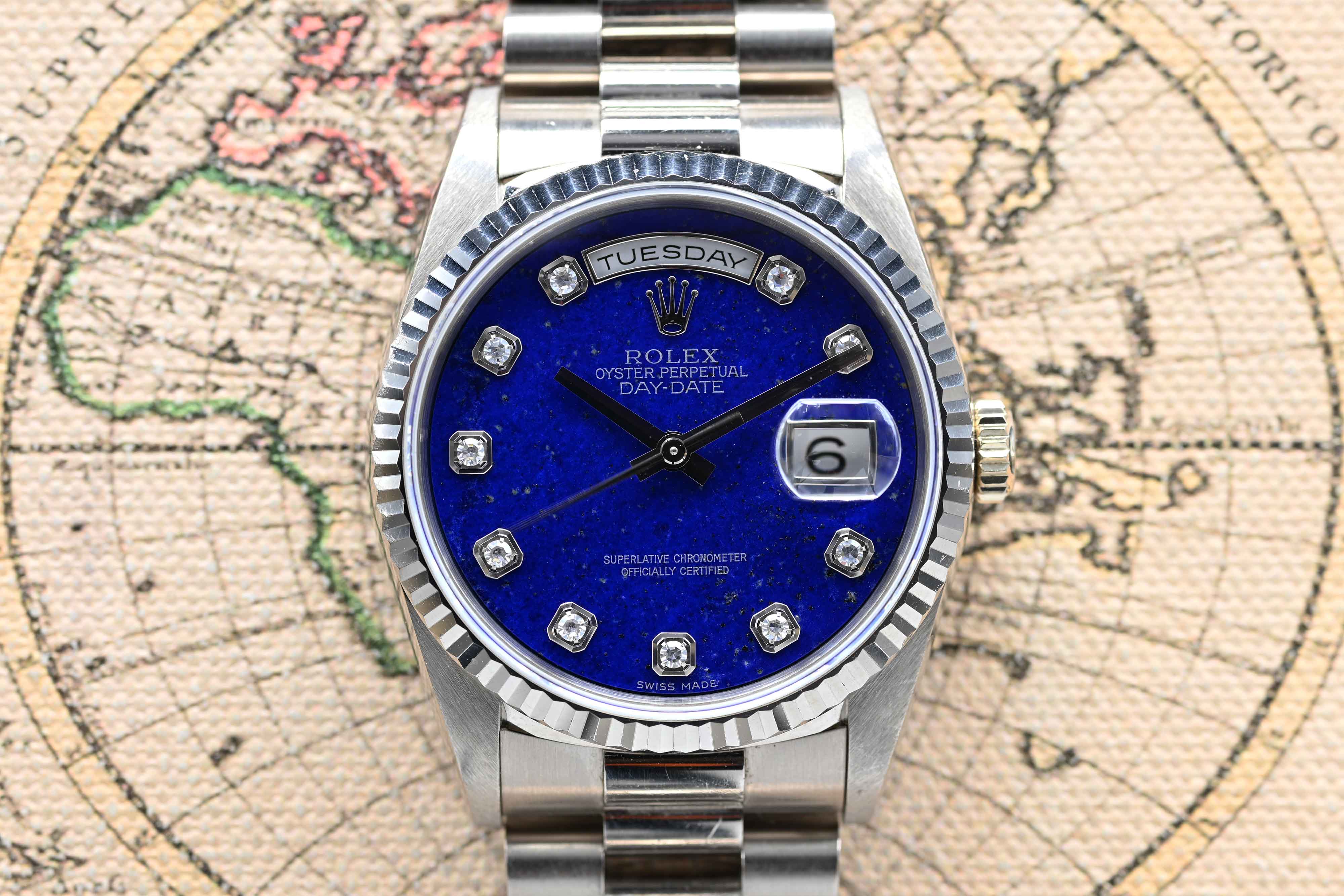 1990 Rolex Day Date White Gold Lapis Diamond Dial Ref. 18239