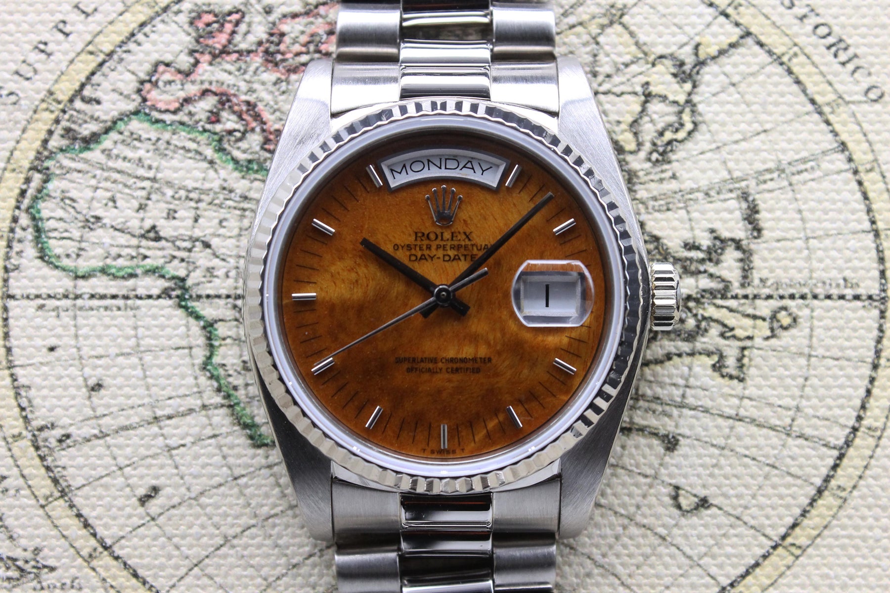 1983 Rolex Day Date White Gold Birch Wood Dial Ref. 18039