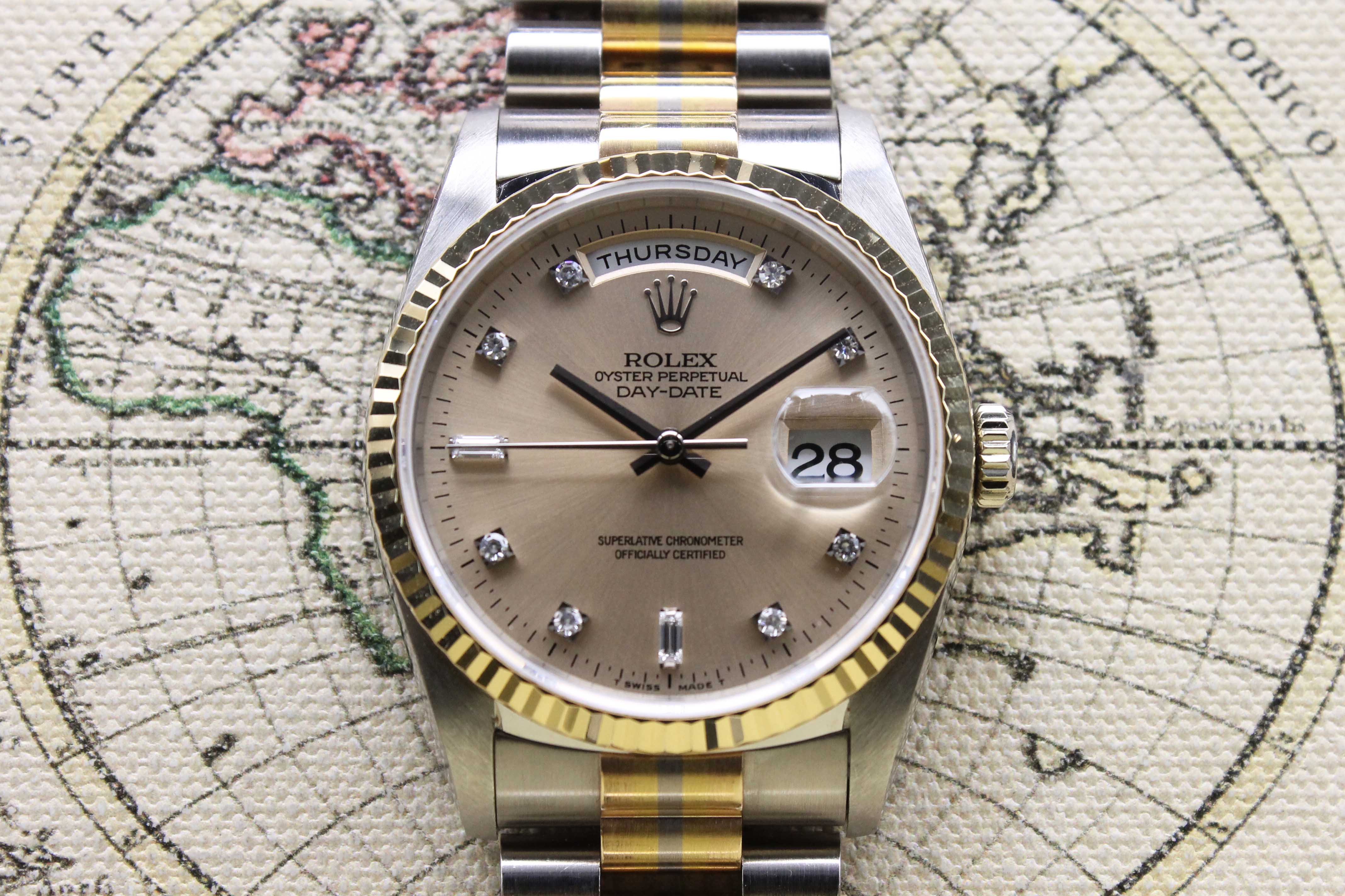 1994 Rolex Day Date Tridor Salmon Diamond Dial Ref. 18239B