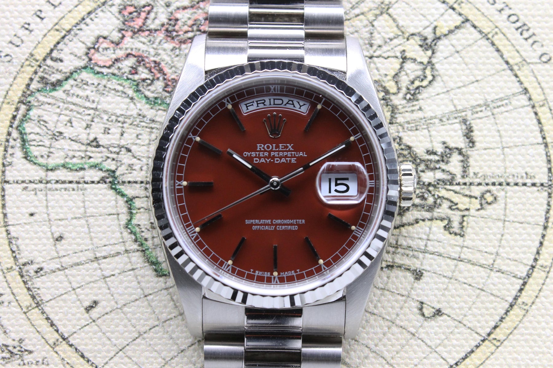 1993 Rolex Day Date White Gold Oxblood Stella Dial Ref. 18239