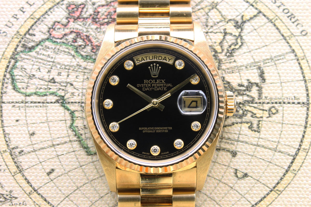 1988 Rolex Day Date Factory Onyx Diamond Dial Ref. 18038 (with Certificate)