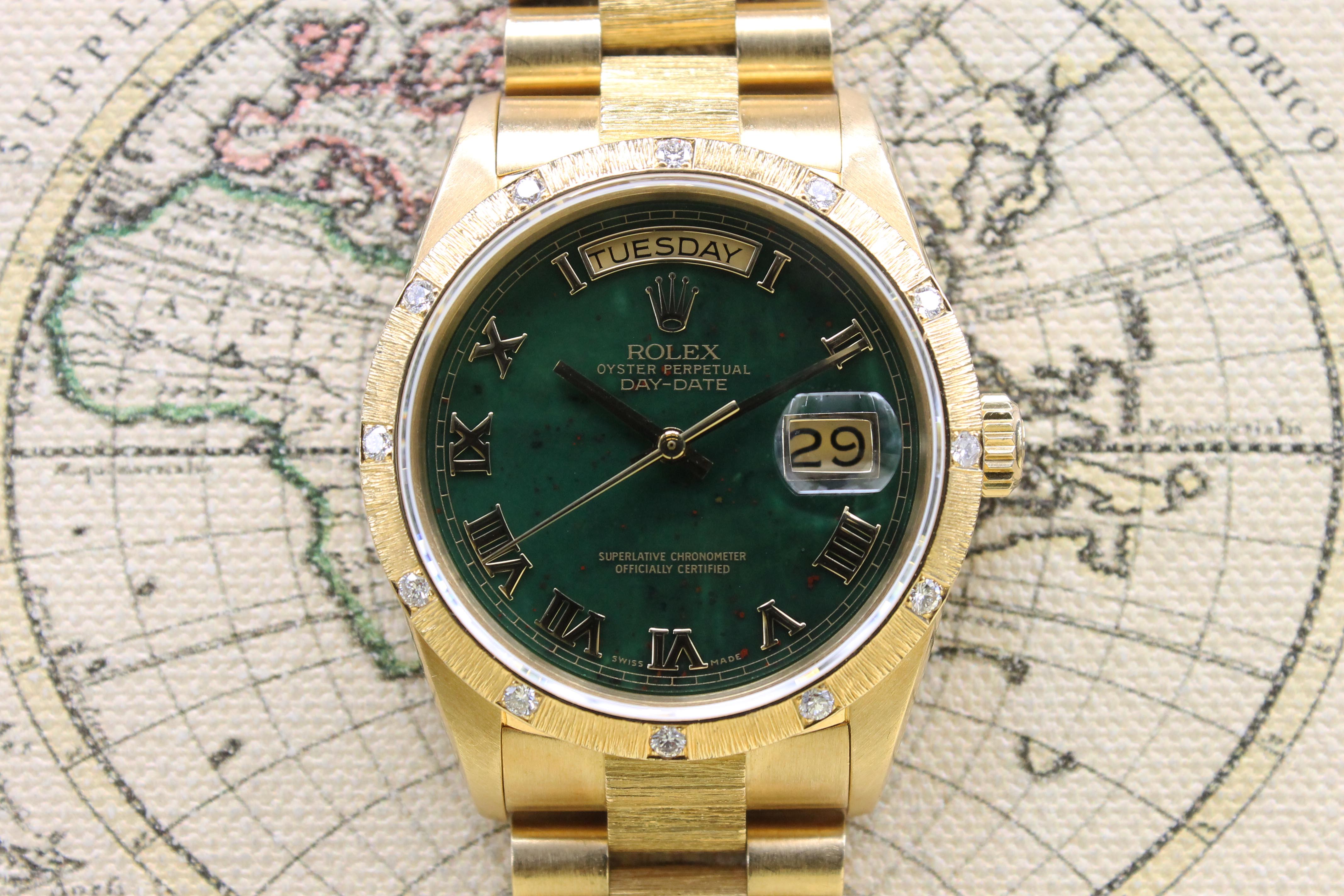 1986 Rolex Day Date Factory Bloodstone Dial and Diamond Bezel Ref. 18108