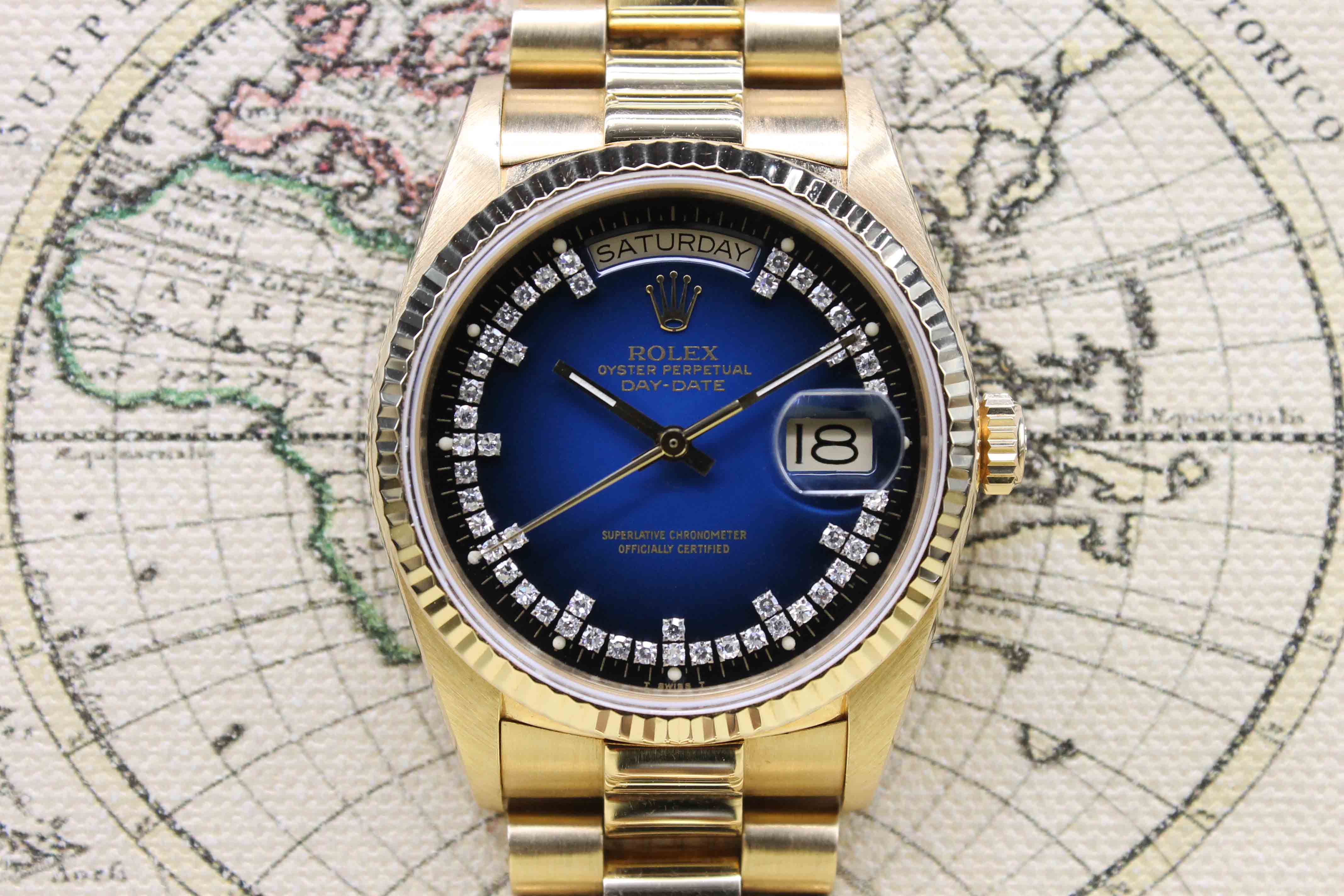 1984 Rolex Day Date Blue Vignette Diamond String Dial Ref. 18038