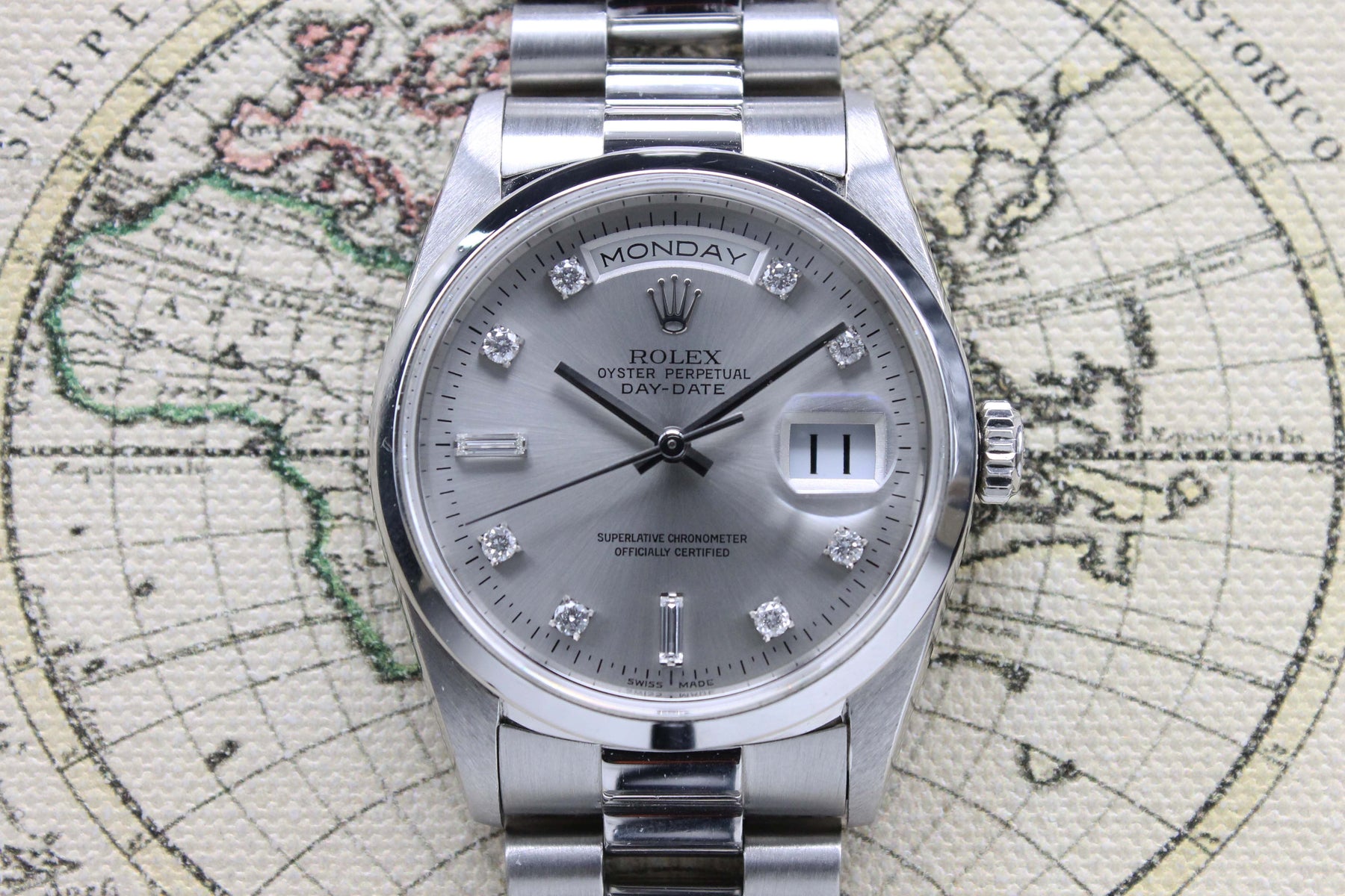 1996 Rolex Day Date Platinum Silver No Lume Diamond Dial Ref. 18206