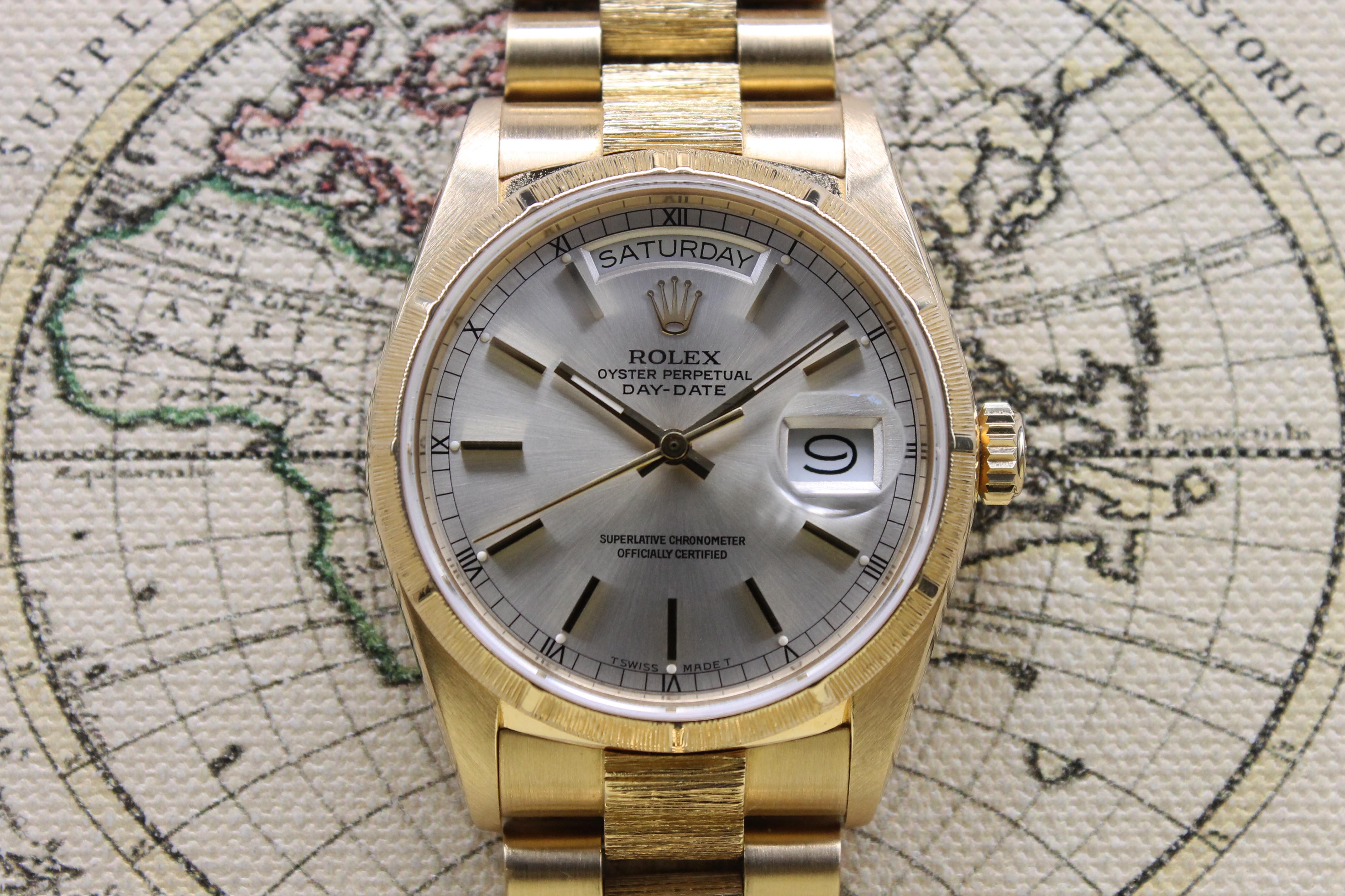 1987 Rolex Day Date Bark Finish Silver Dial Ref. 18078 (with Certificate )