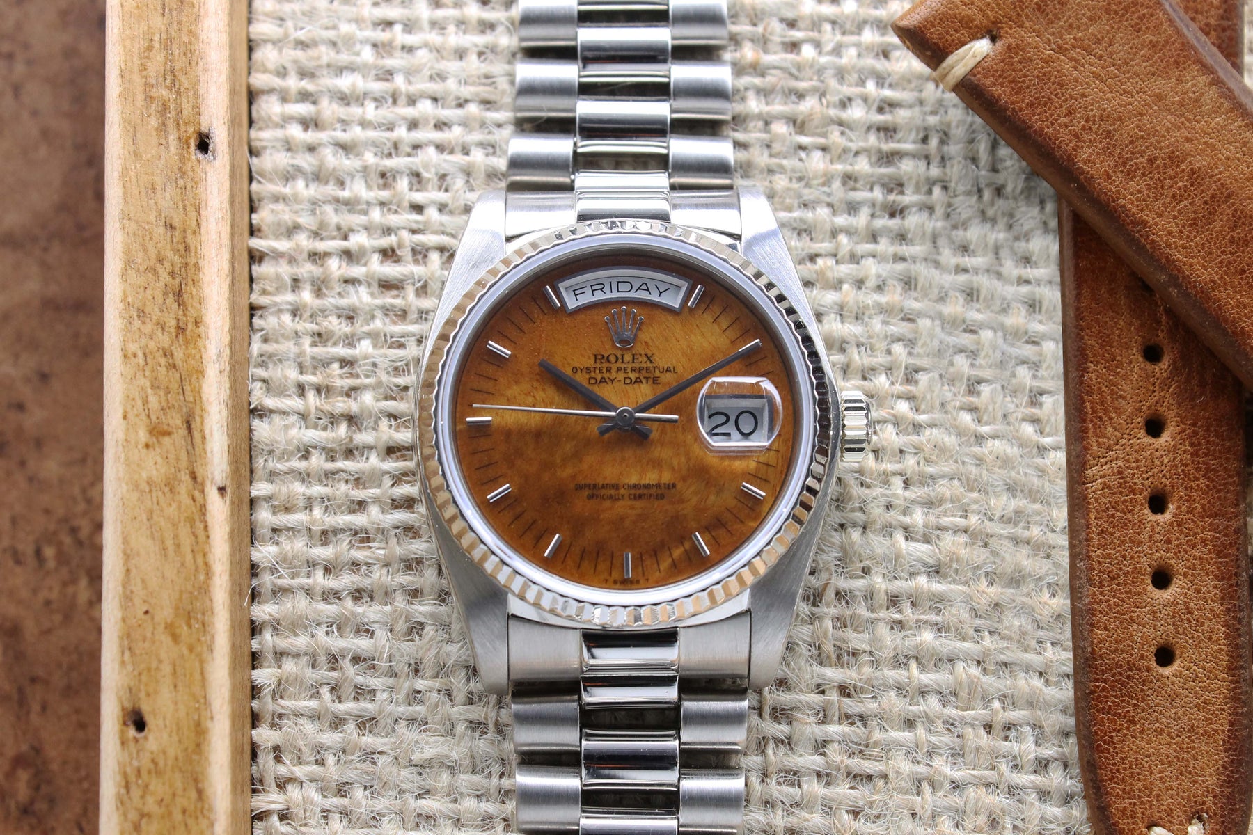 1983 Rolex Day Date White Gold Birch Wood Dial Ref. 18039