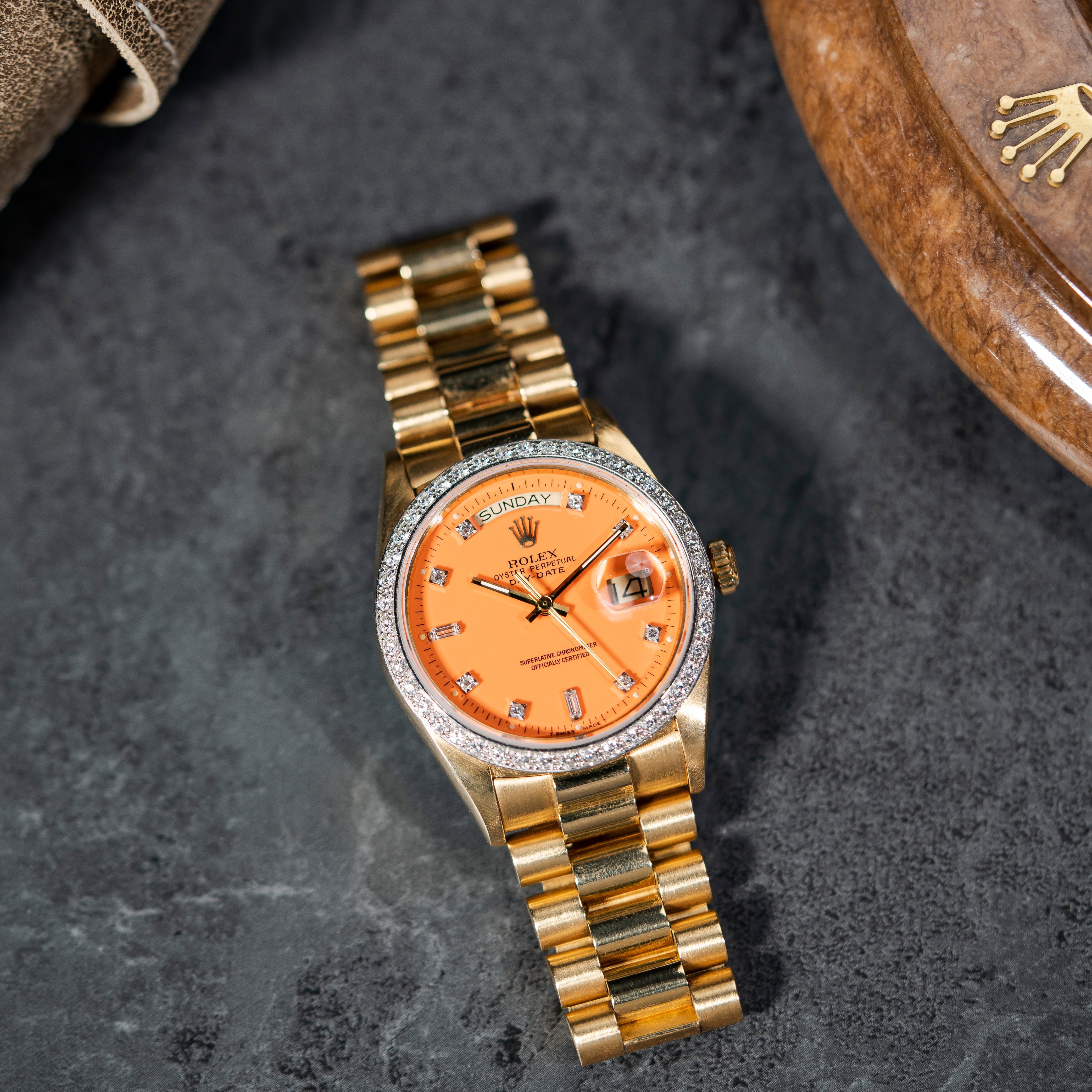 1985 Rolex Day Date Peach Stella Diamond Dial Ref. 18048