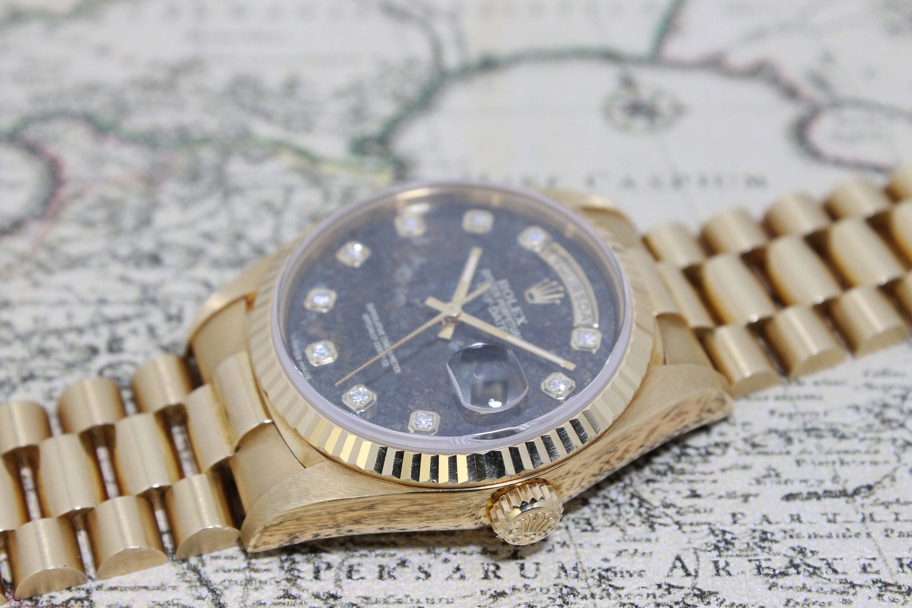 1991 Rolex Day Date Pyrite Diamond Dial Ref. 18238 (with Box & Papers)