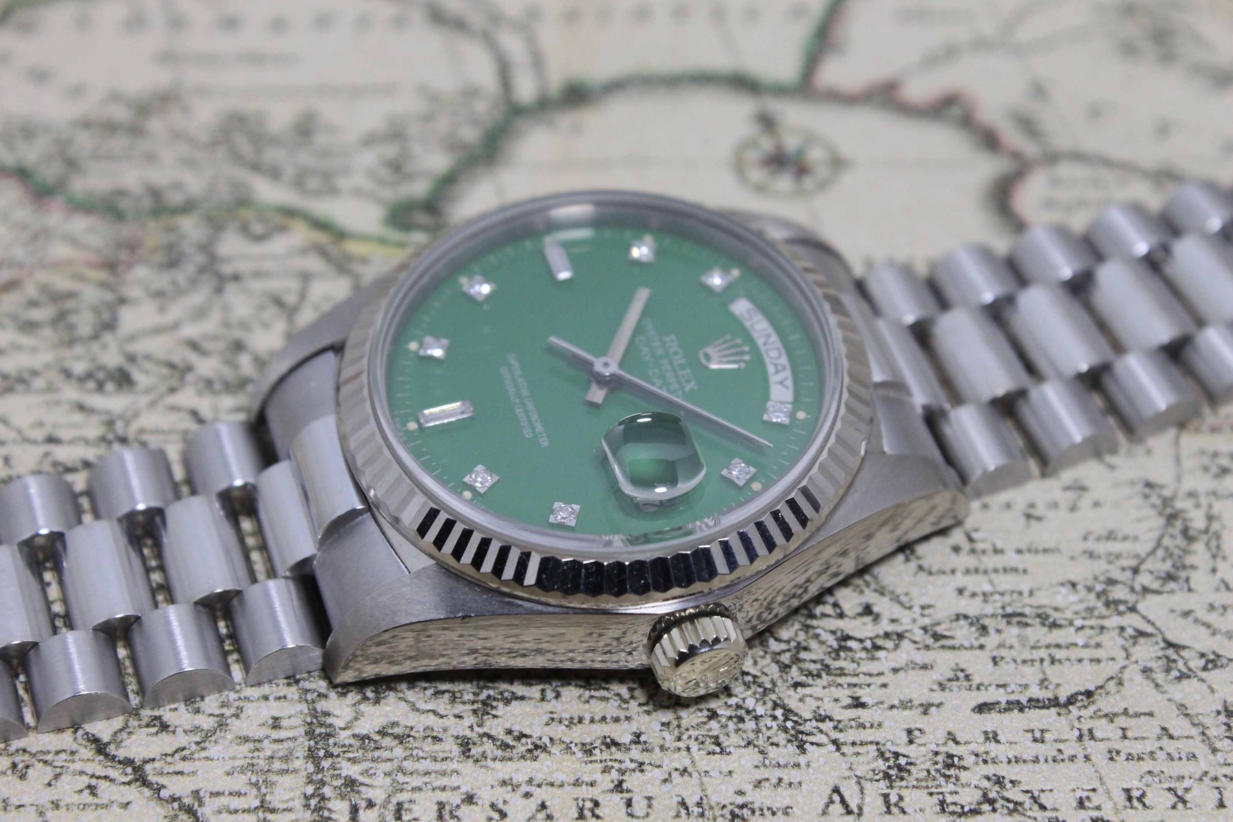 1979 Rolex Day Date WG Stella Lime Green Diamonds Ref. 18039