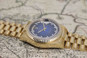 1984 Rolex Day Date Blue Vignette Diamond String Dial Ref. 18038
