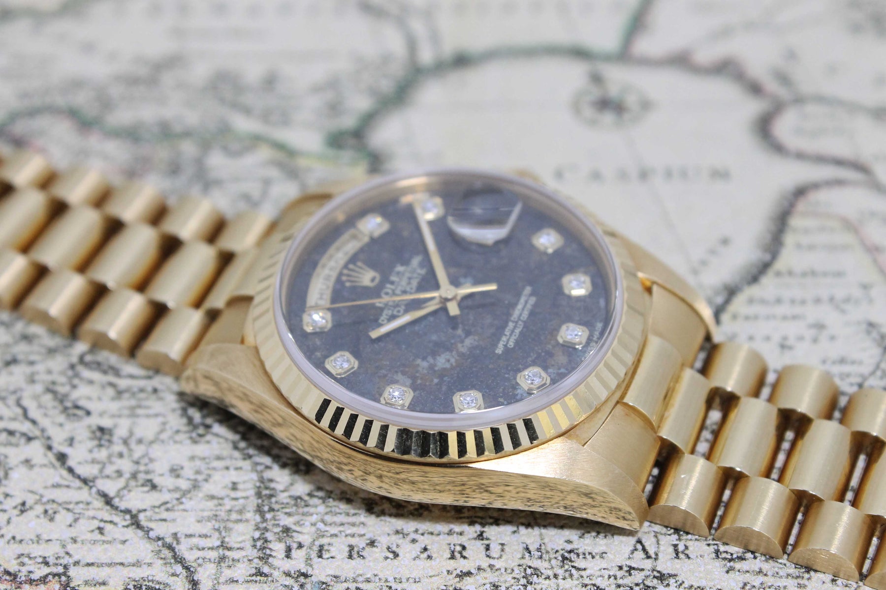 1991 Rolex Day Date Pyrite Diamond Dial Ref. 18238 (with Box & Papers)