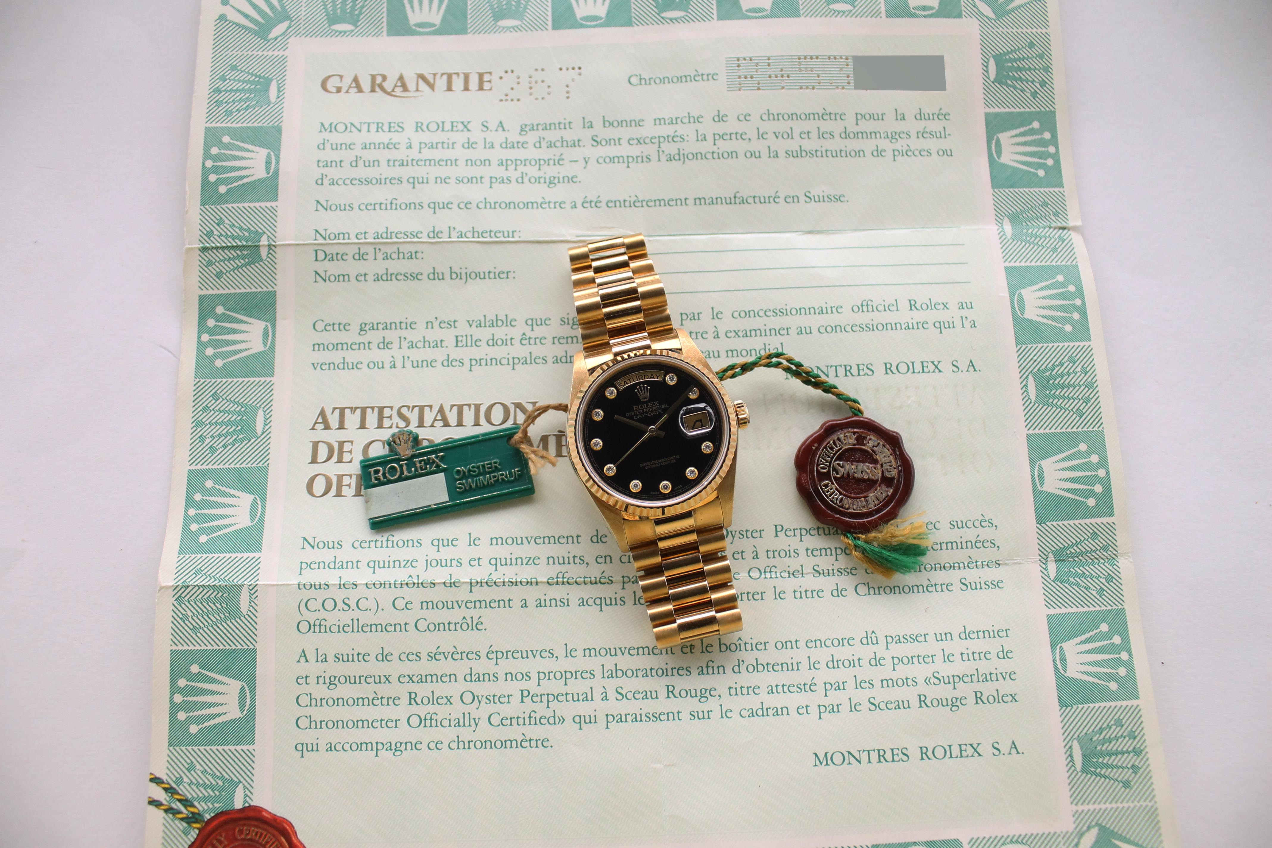 1988 Rolex Day Date Factory Onyx Diamond Dial Ref. 18038 (with Certificate)